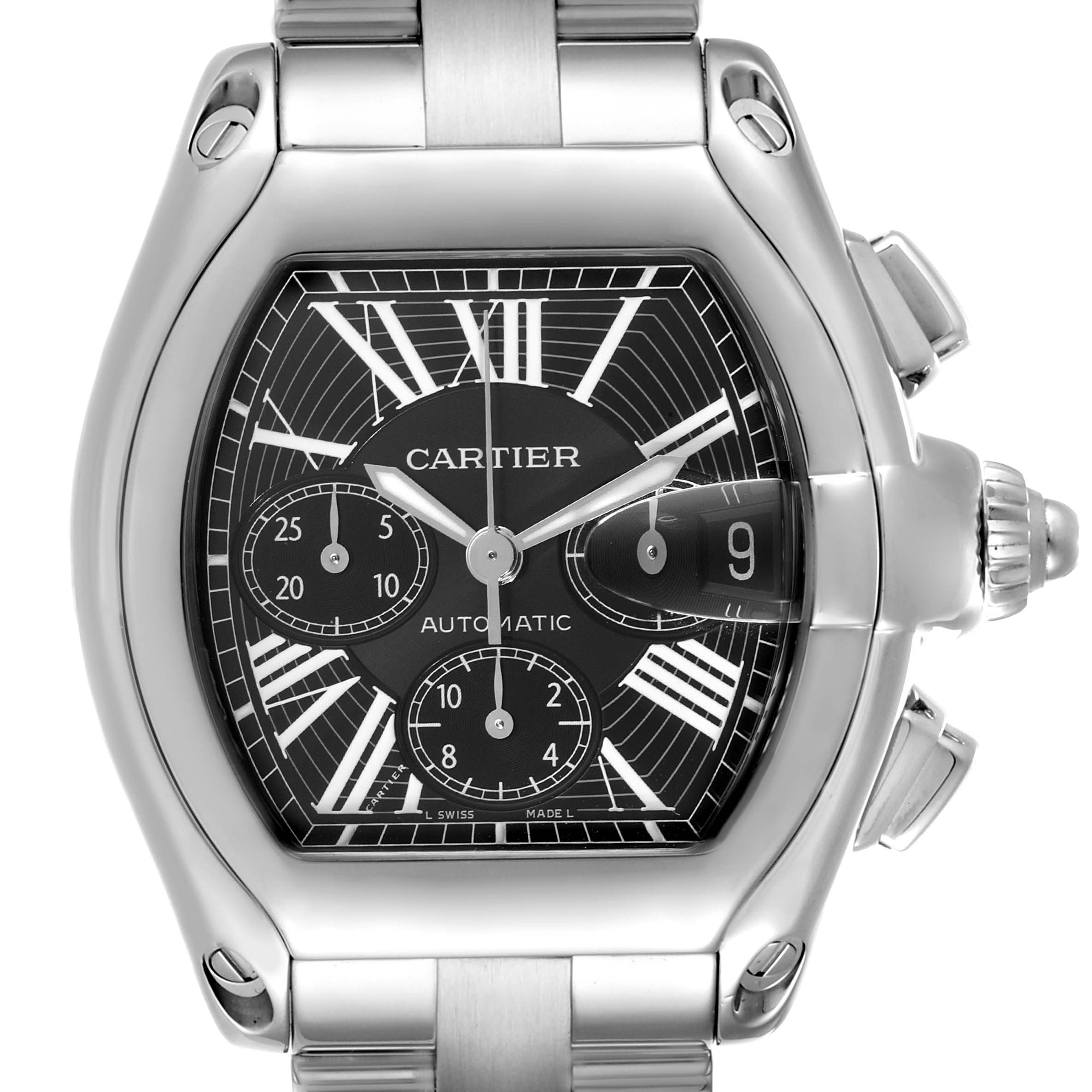 The Cartier Roadster W62020X6 Men
s Stainless Steel Black Dial W62020X6 Men
s Stainless Steel Black Dial watch is shown from the front, highlighting its dial, subdials, hands, case, and part of the bracelet.