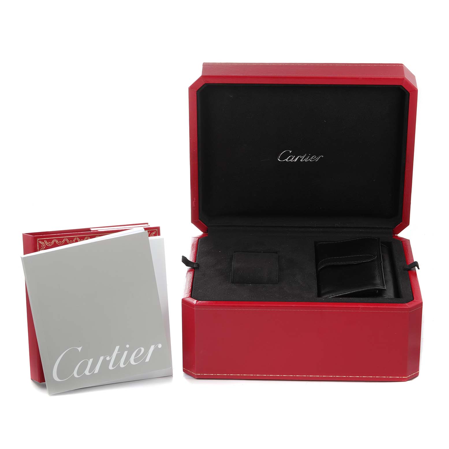 The image shows a red Cartier Roadster W62020X6 Men
s Stainless Steel Black Dial W62020X6 Men
s Stainless Steel Black Dial watch box set, including the box, booklets, and accessories.