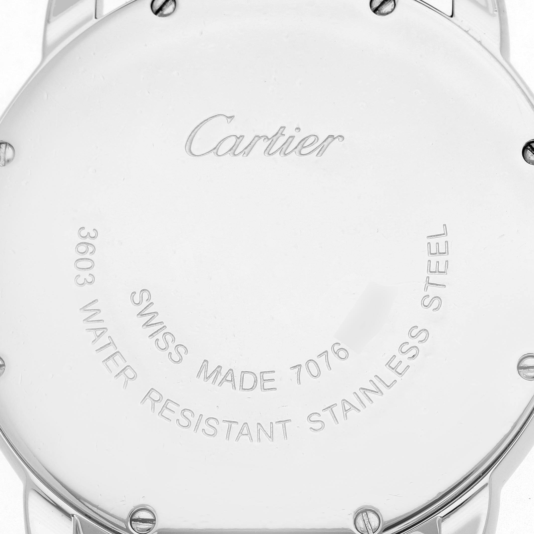 The image shows the back of a Cartier Ronde W6700255 Men
s Stainless Steel Silver Dial W6700255 Men
s Stainless Steel Silver Dial watch, highlighting the engraved branding and water resistance details.