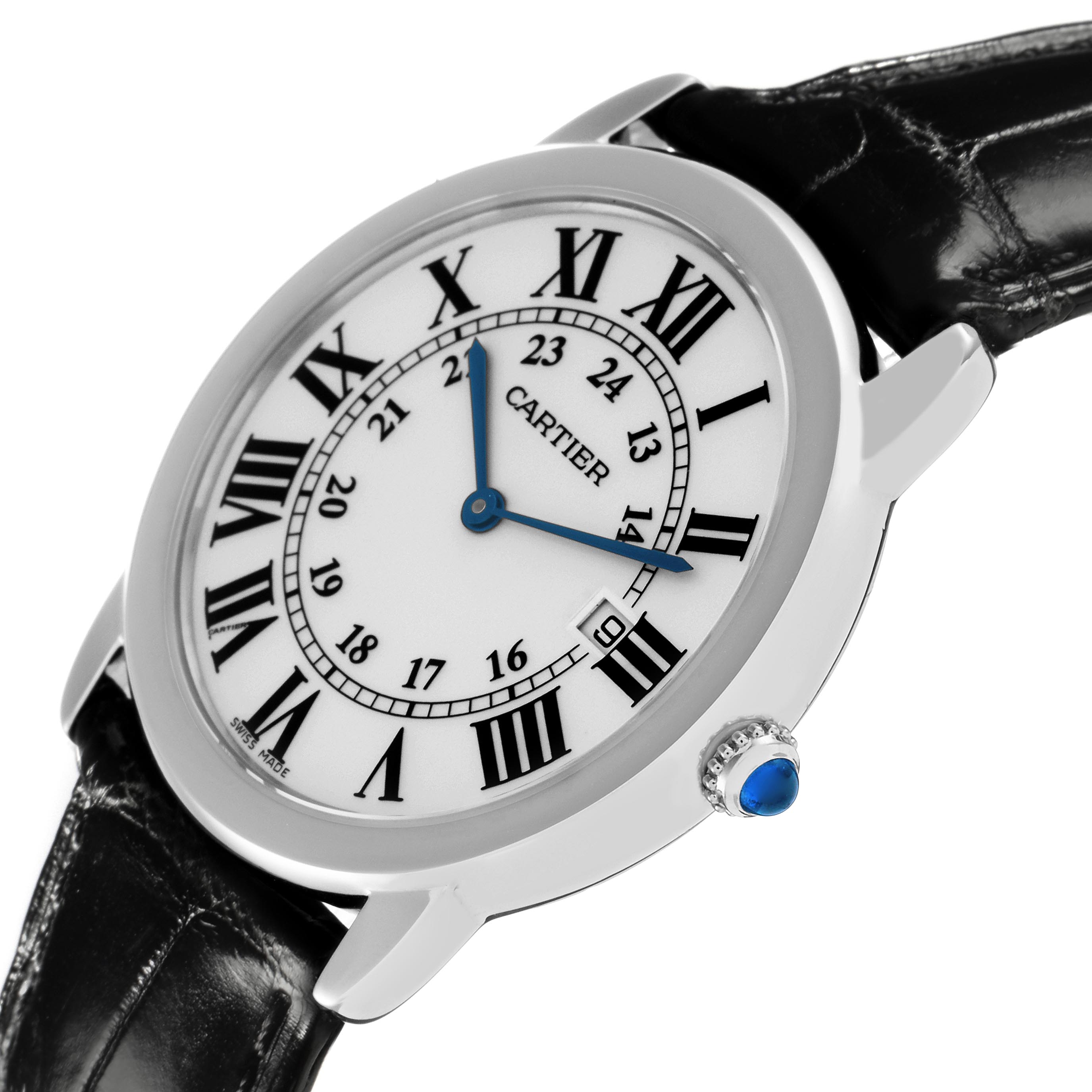 The Ronde model by Cartier is shown at a slight side angle, displaying its Roman numeral dial, blue hands, and a black leather strap.