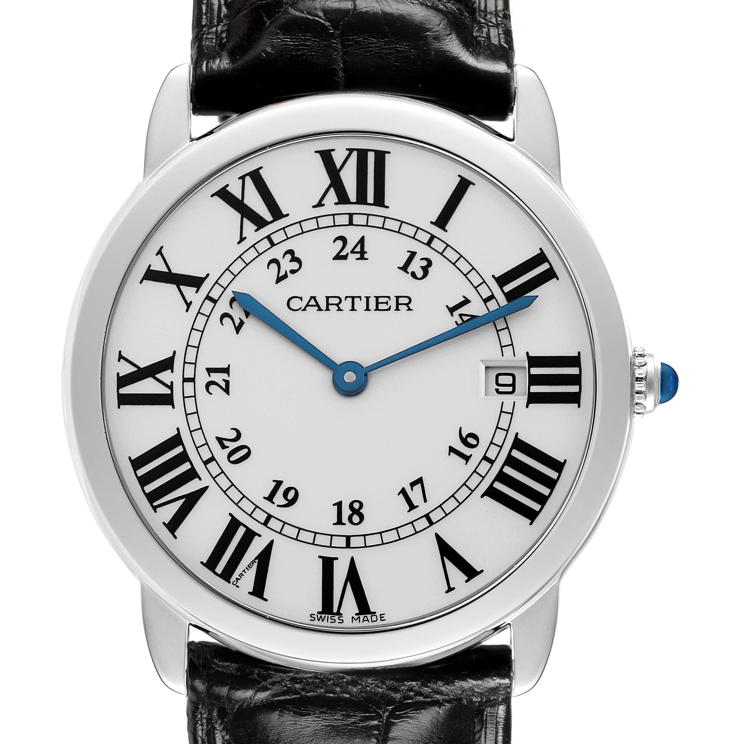 The Cartier Ronde W6700255 Men
s Stainless Steel Silver Dial W6700255 Men
s Stainless Steel Silver Dial model is shown from the front, displaying the face, Roman numerals, hands, and date window.