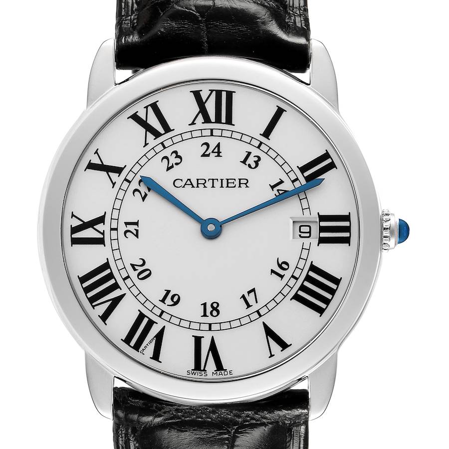 The Cartier Ronde model is shown from the front, displaying the face, Roman numerals, hands, and date window.