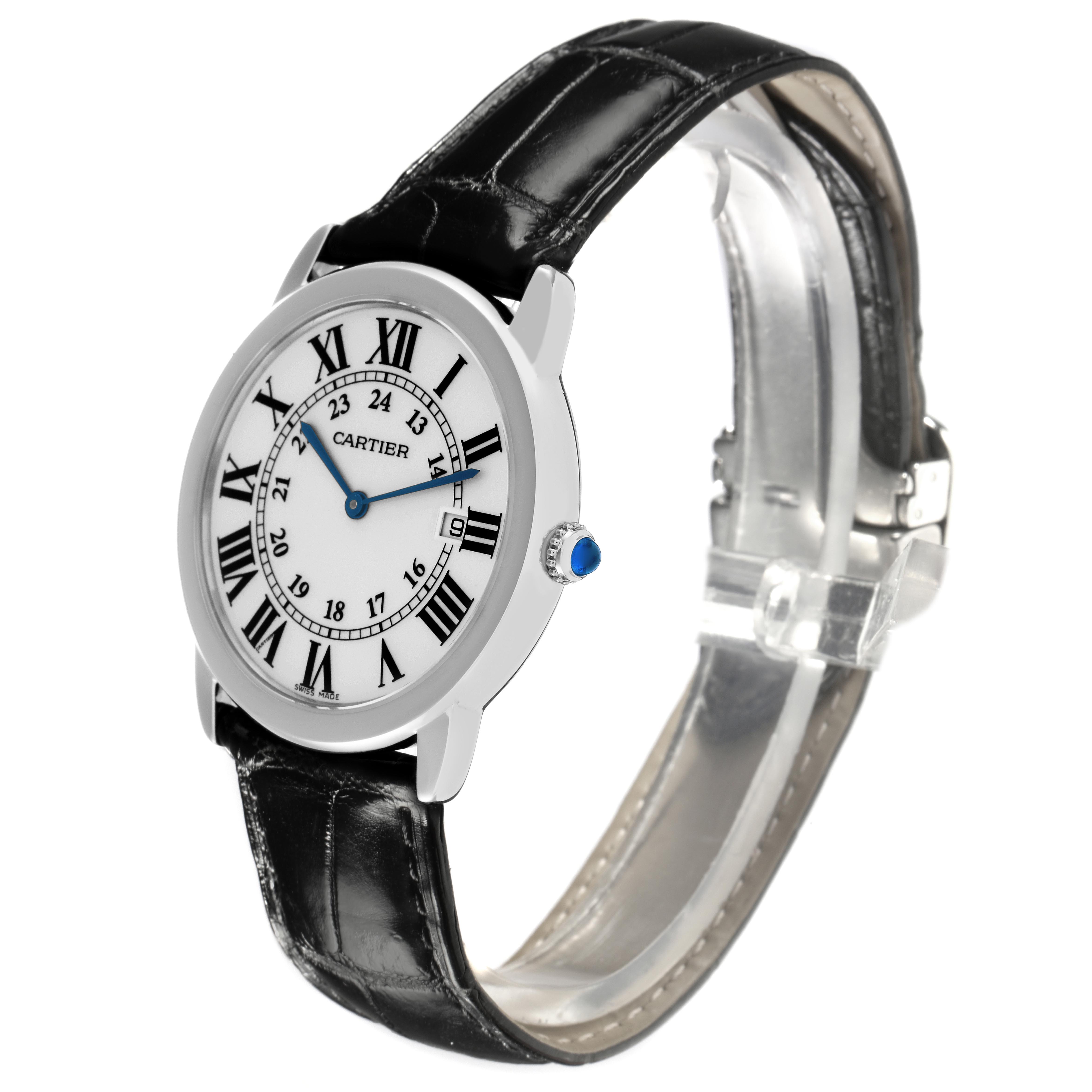 The Cartier Ronde W6700255 Men
s Stainless Steel Silver Dial W6700255 Men
s Stainless Steel Silver Dial watch is shown at a three-quarter angle, highlighting the face, black leather strap, and blue gem-topped crown.
