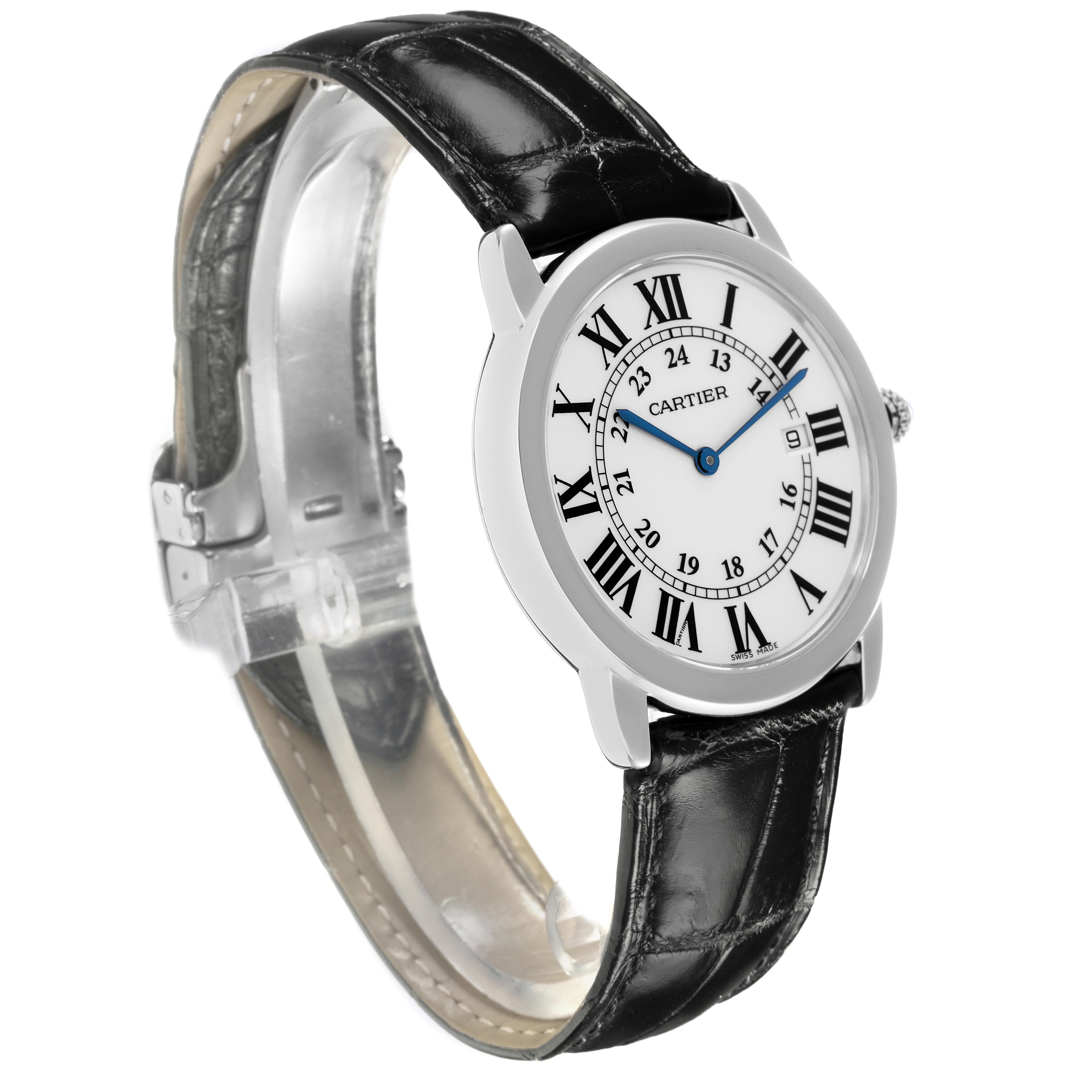 The Cartier Ronde W6700255 Men
s Stainless Steel Silver Dial W6700255 Men
s Stainless Steel Silver Dial watch is shown at a slight angle, highlighting the face, Roman numerals, blue hands, and black leather strap.