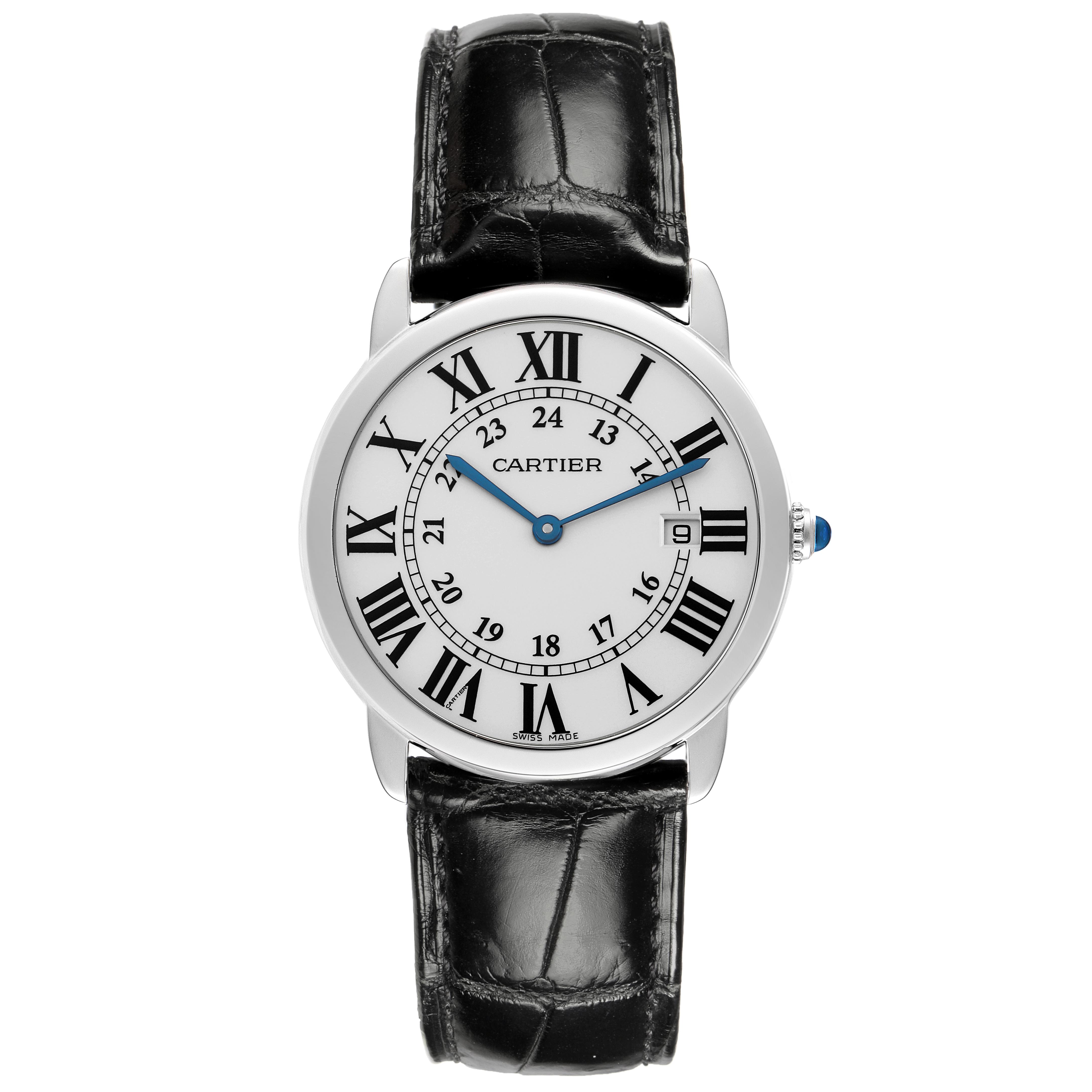 The Cartier Ronde W6700255 Men
s Stainless Steel Silver Dial W6700255 Men
s Stainless Steel Silver Dial watch is shown from a front view, displaying the face with Roman numerals, hands, and leather strap.