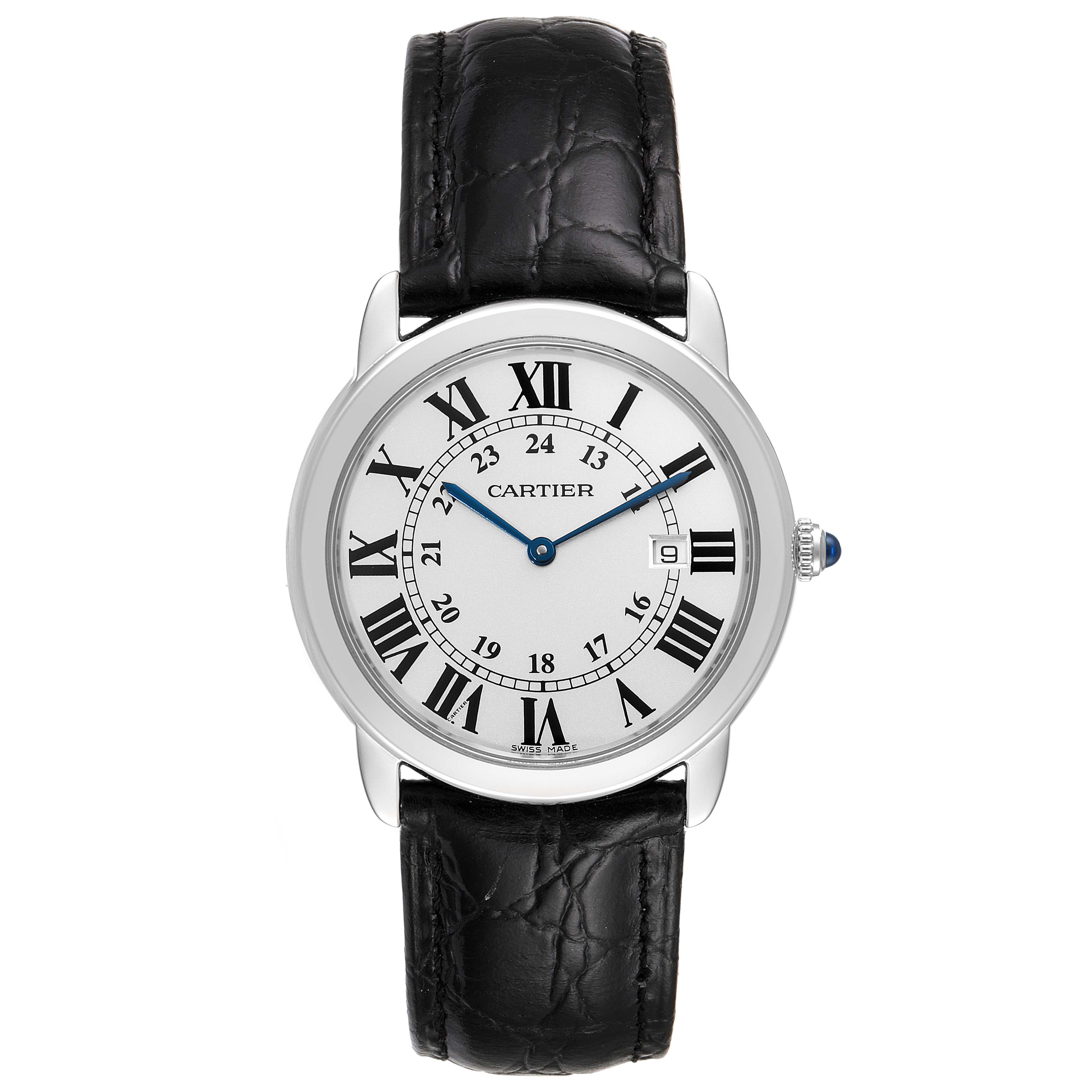 The Cartier Ronde W6700255 Men
s Stainless Steel Silver Dial W6700255 Men
s Stainless Steel Silver Dial watch is shown from a front angle, displaying its face, black leather strap, and Roman numeral dial.