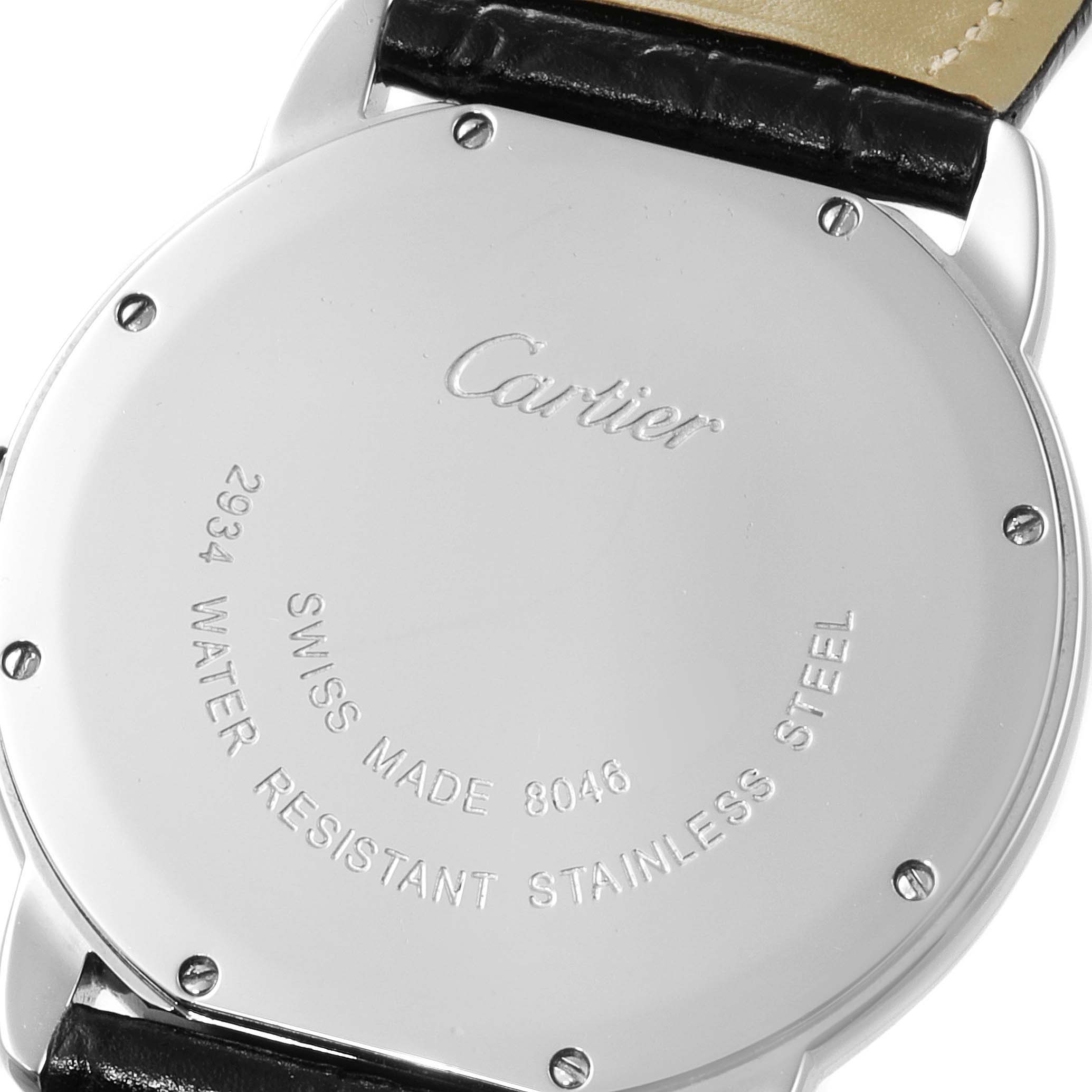 The image shows the case back of the Cartier Ronde W6700255 Men
s Stainless Steel Silver Dial W6700255 Men
s Stainless Steel Silver Dial watch, highlighting its "Swiss Made" and water resistance details.