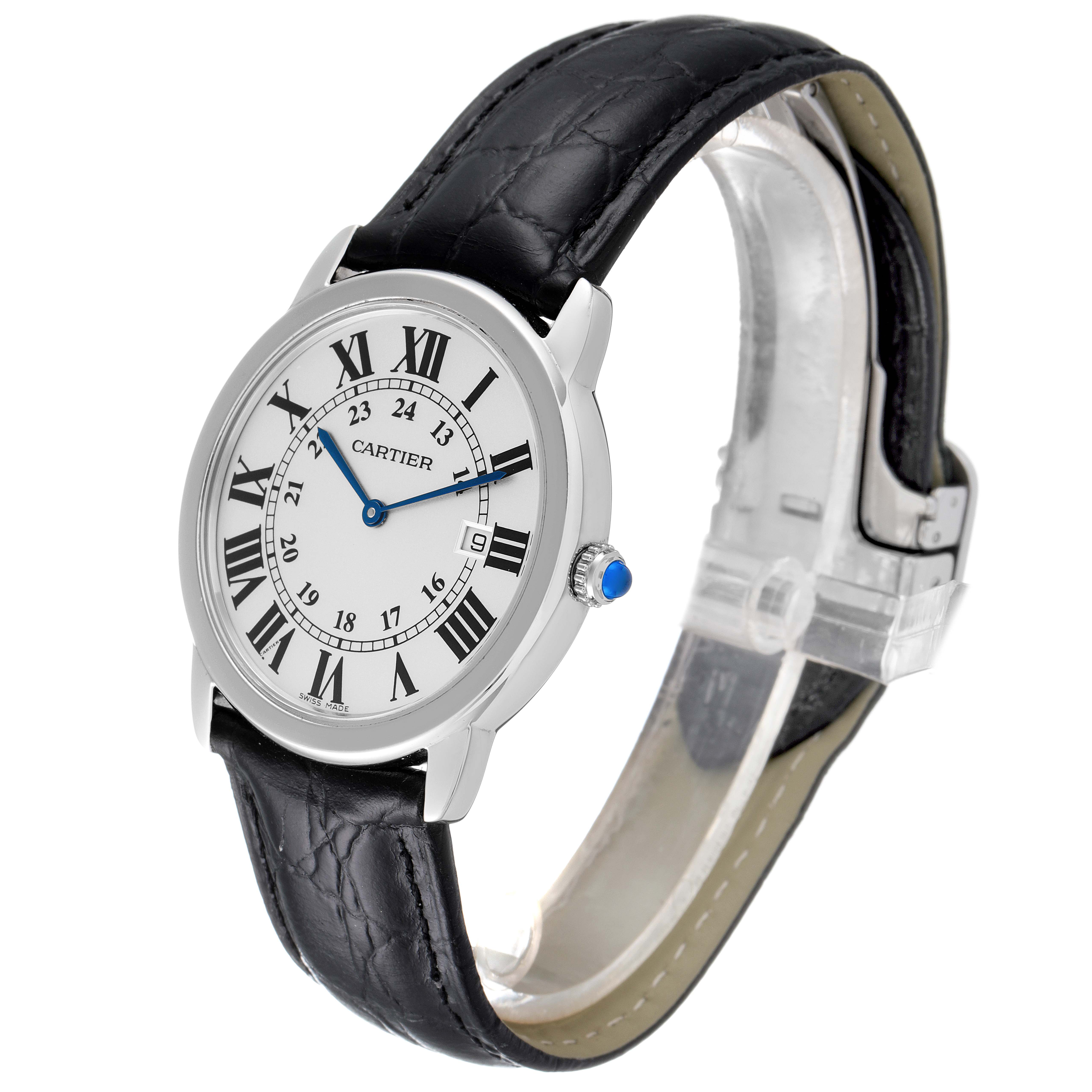 The Cartier Ronde W6700255 Men
s Stainless Steel Silver Dial W6700255 Men
s Stainless Steel Silver Dial model watch is shown at an angled side view, displaying the dial, bezel, leather strap, and clasp.