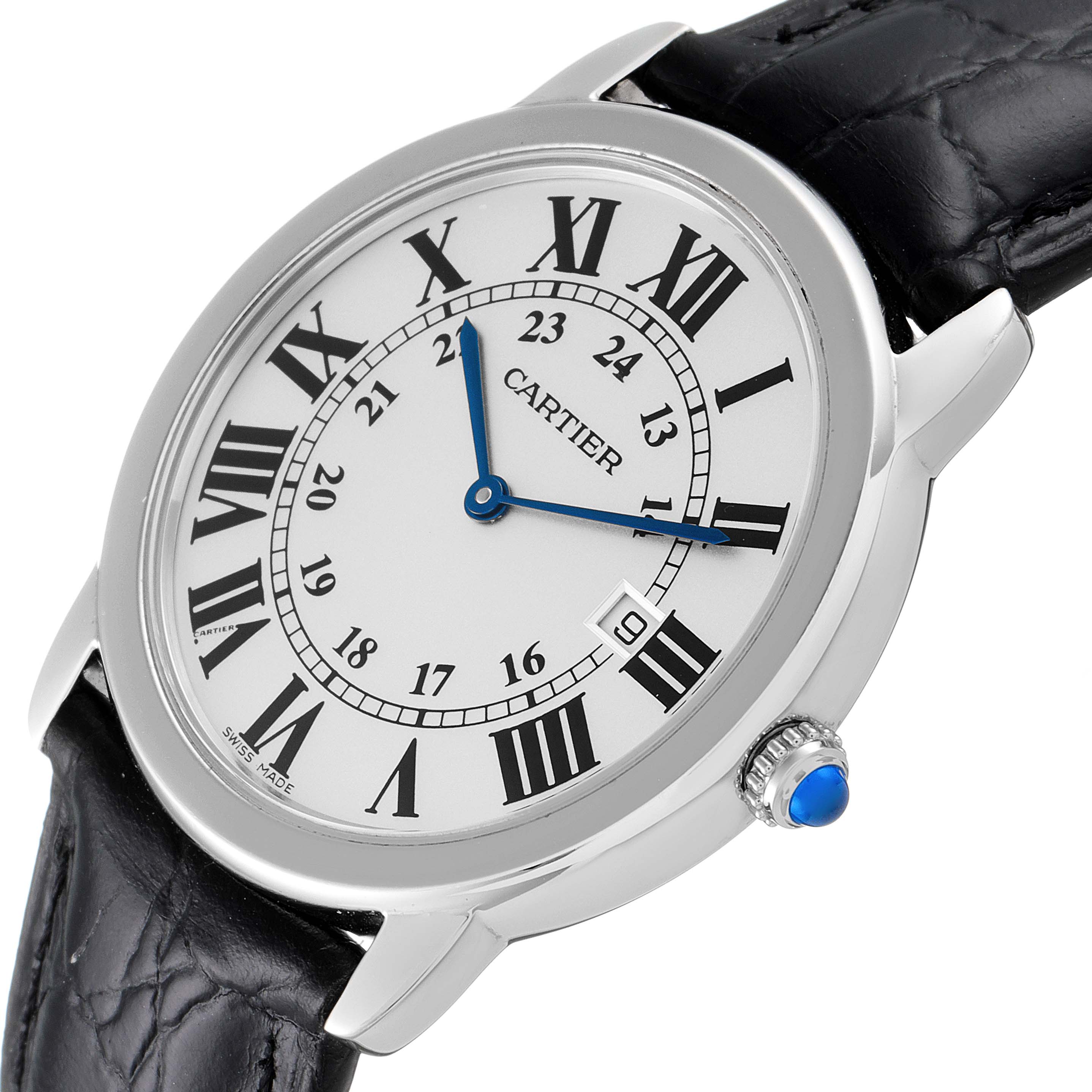 The image shows a close-up side view of the Cartier Ronde W6700255 Men
s Stainless Steel Silver Dial W6700255 Men
s Stainless Steel Silver Dial watch face, bezel, crown, and strap.