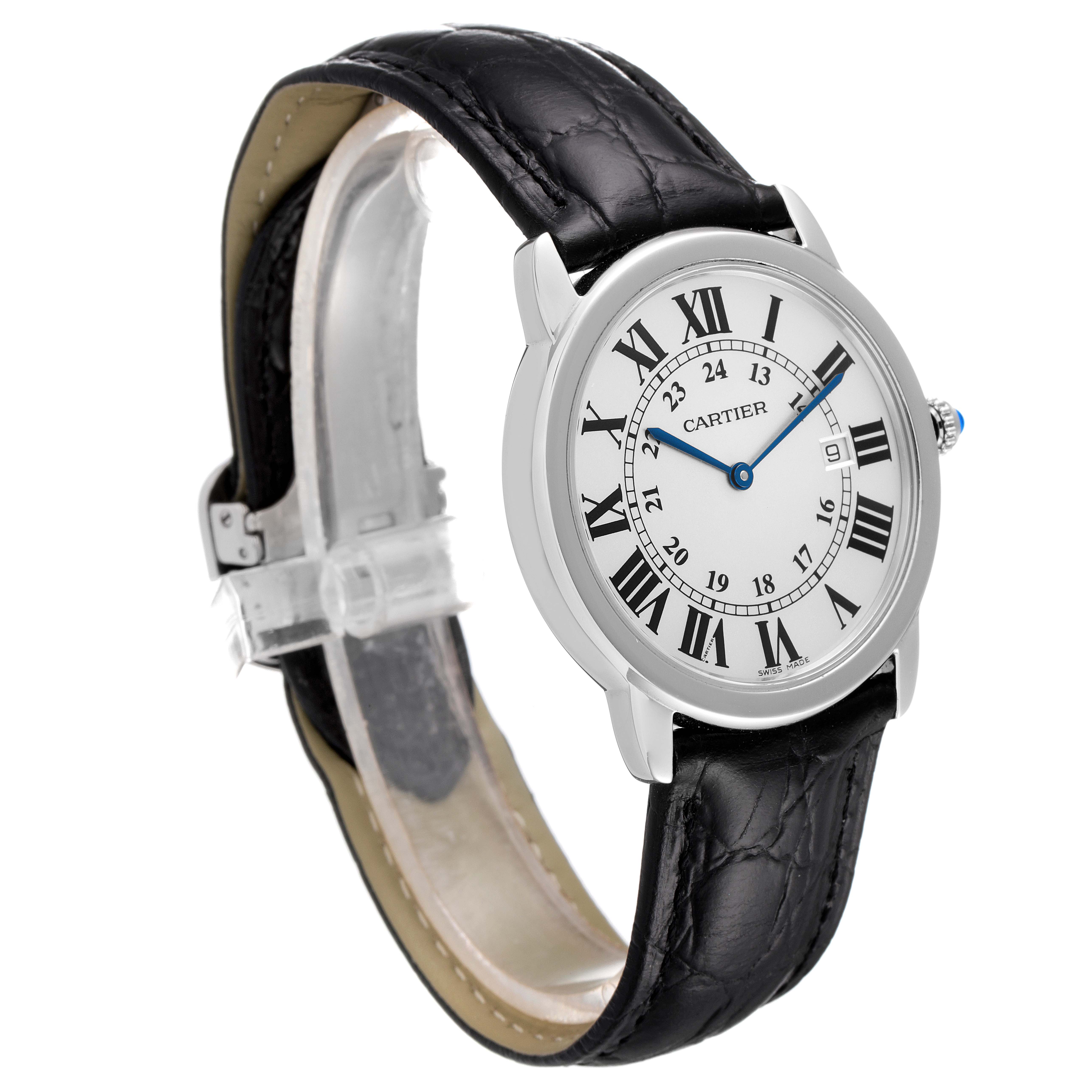 This image shows a side angle of a Cartier Ronde W6700255 Men
s Stainless Steel Silver Dial W6700255 Men
s Stainless Steel Silver Dial watch, highlighting its face, Roman numerals, and leather strap.