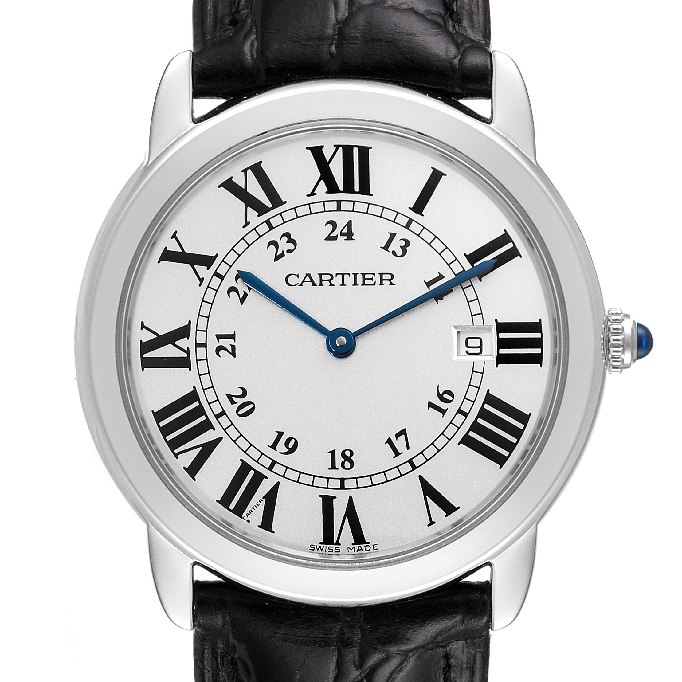 The Cartier Ronde W6700255 Men
s Stainless Steel Silver Dial W6700255 Men
s Stainless Steel Silver Dial watch is shown from a front angle, displaying its face, Roman numerals, date window, and black leather strap.
