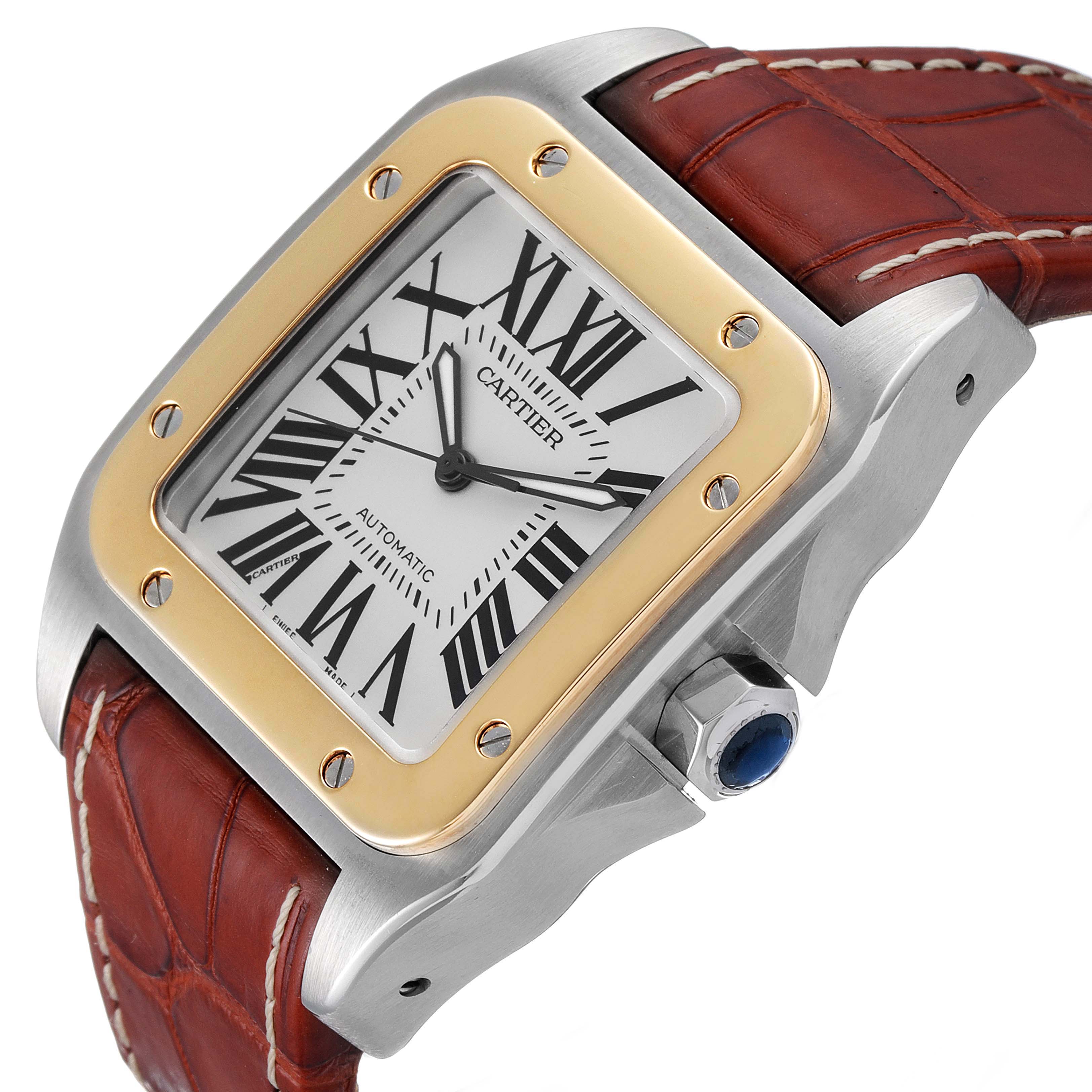 This image shows a Cartier Santos W20072X7 Men
s Steel and Gold (two tone) Silver Dial W20072X7 Men
s Steel and Gold (two tone) Silver Dial watch angled from the top-right, highlighting its face, bezel, and leather strap.