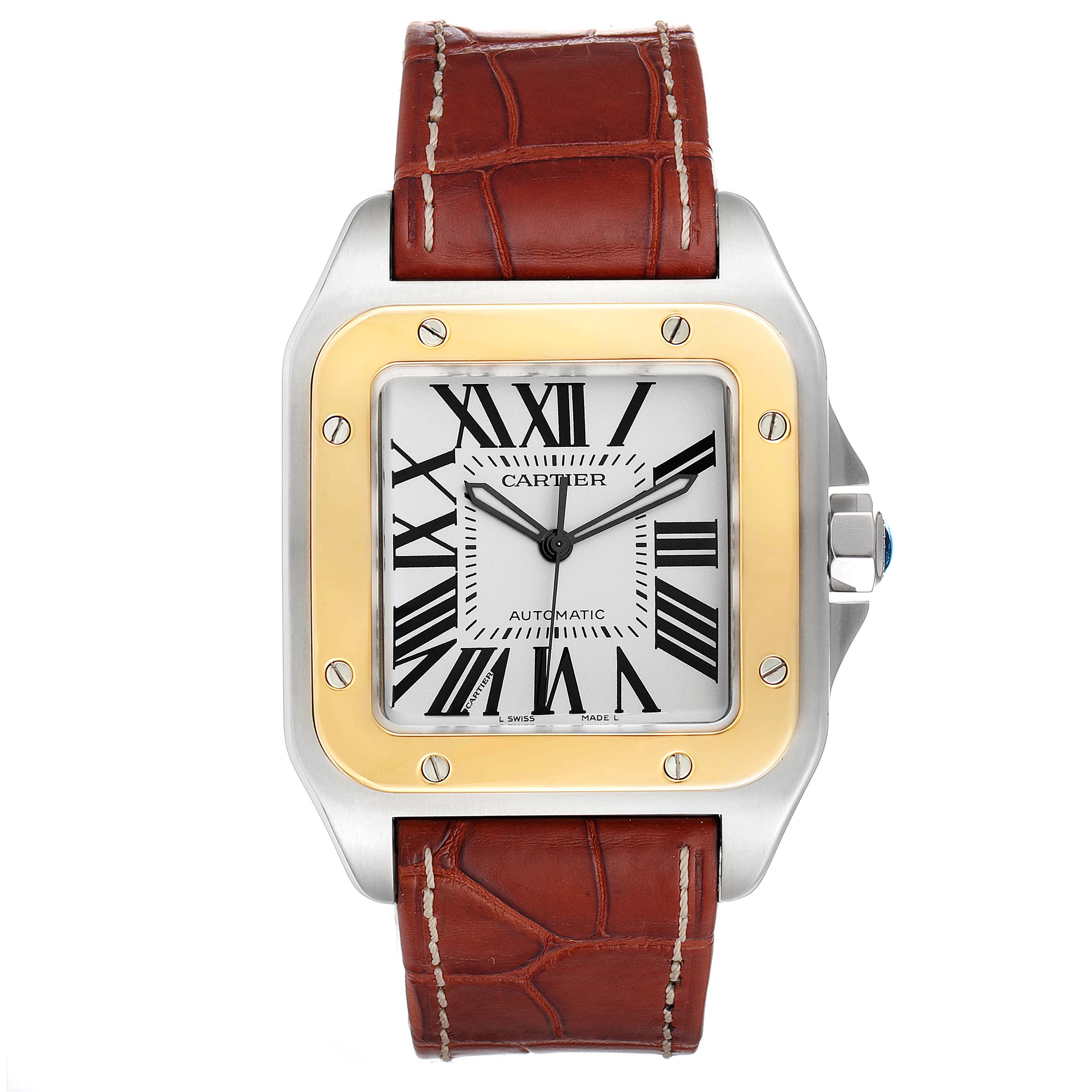 The image is a direct front view of a Cartier Santos W20072X7 Men
s Steel and Gold (two tone) Silver Dial W20072X7 Men
s Steel and Gold (two tone) Silver Dial watch, showing the dial, bezel, crown, and leather strap.