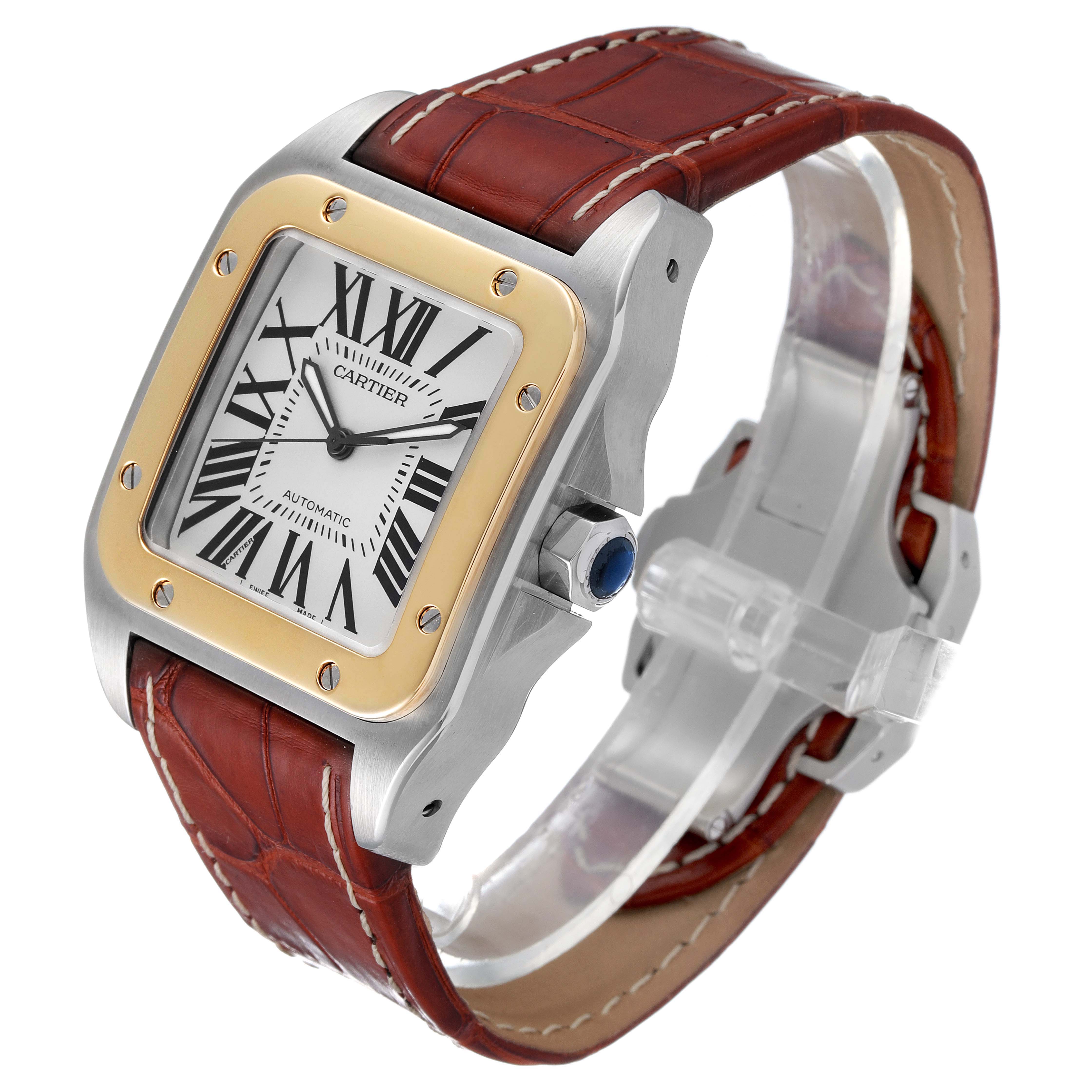 The Cartier Santos W20072X7 Men
s Steel and Gold (two tone) Silver Dial W20072X7 Men
s Steel and Gold (two tone) Silver Dial watch is shown from an angled front view, displaying its face, bezel, crown, and leather strap.