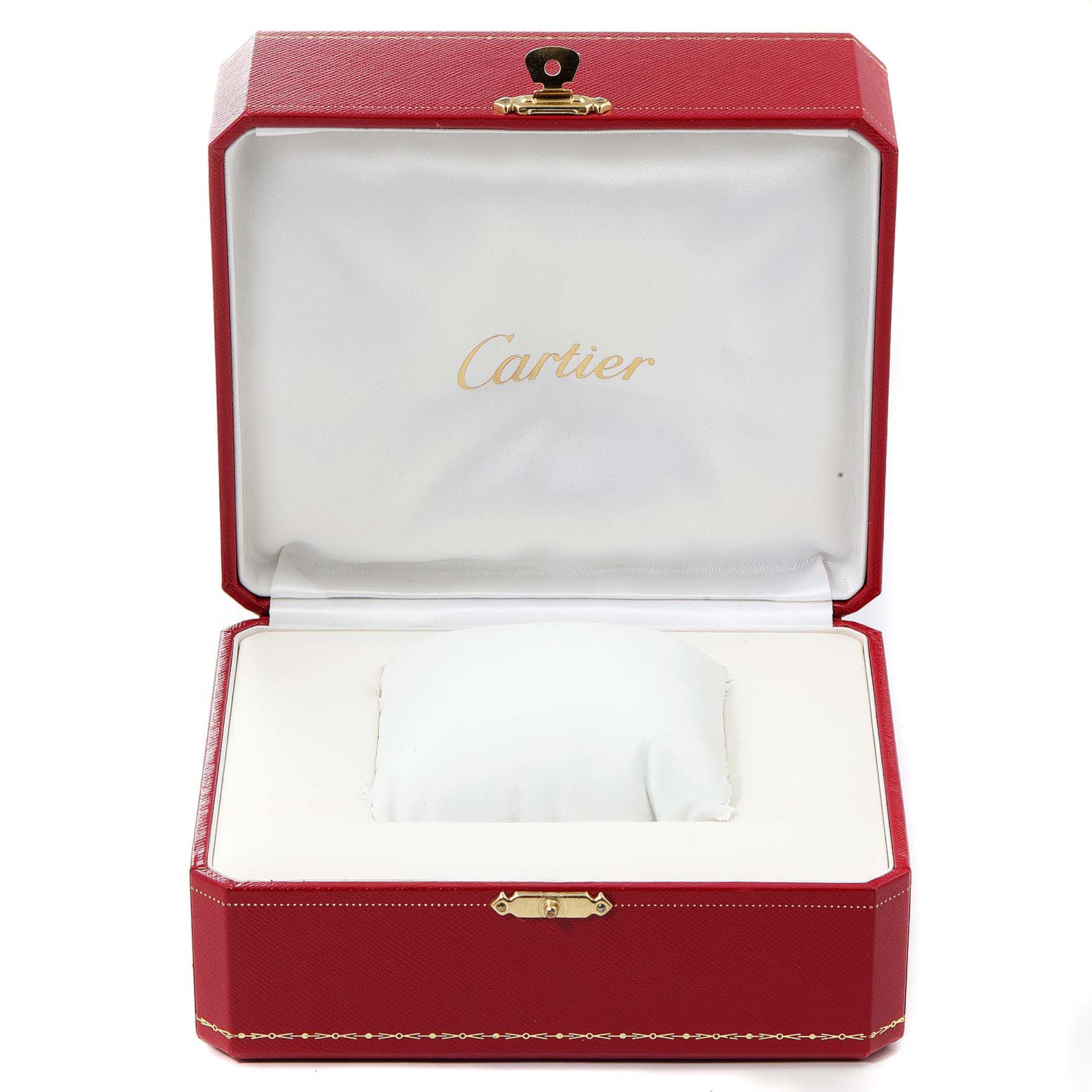 The image shows an open red Cartier watch box for the Santos model, featuring a white interior and a cushion for the watch.