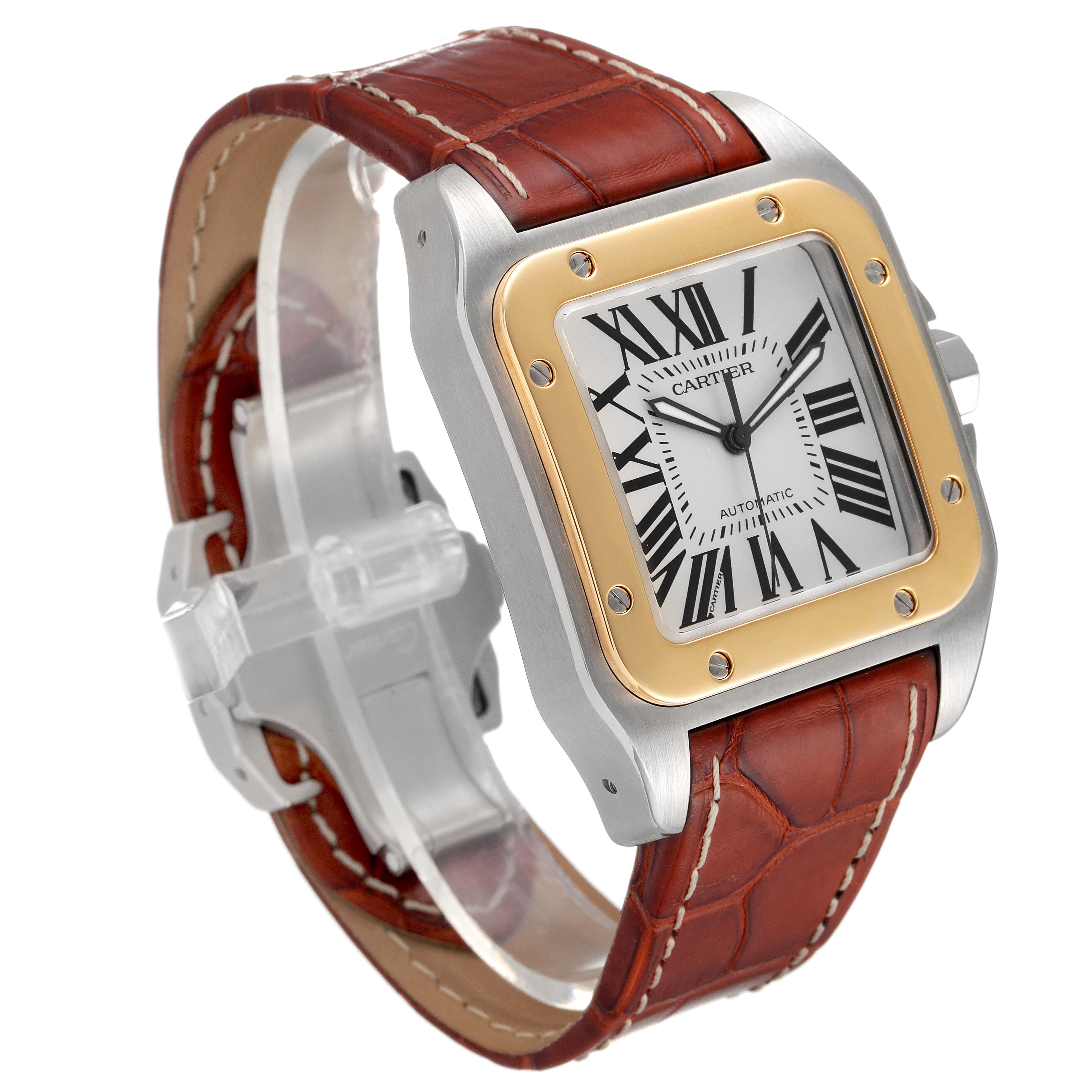 The Cartier Santos W20072X7 Men
s Steel and Gold (two tone) Silver Dial W20072X7 Men
s Steel and Gold (two tone) Silver Dial watch is shown from a front angle, highlighting its square dial, gold bezel, and brown leather strap.