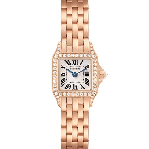 The Cartier Santos Demoiselle WF9011Z8 Womens Rose Gold Silver Dial watch is shown from a front angle, displaying the face, bezel, and bracelet.