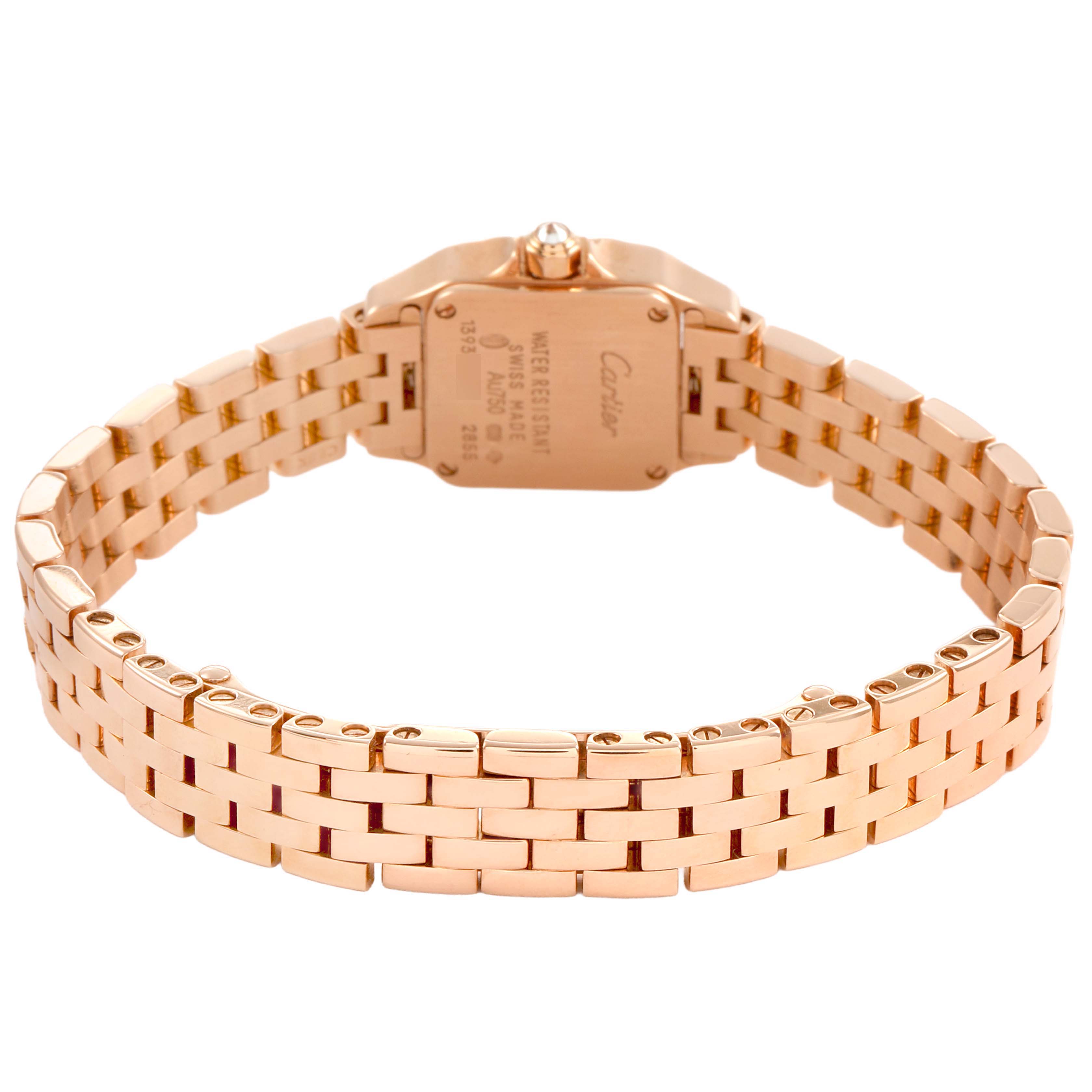 The image shows the back of the Santos Demoiselle watch by Cartier, highlighting the bracelet and clasp.