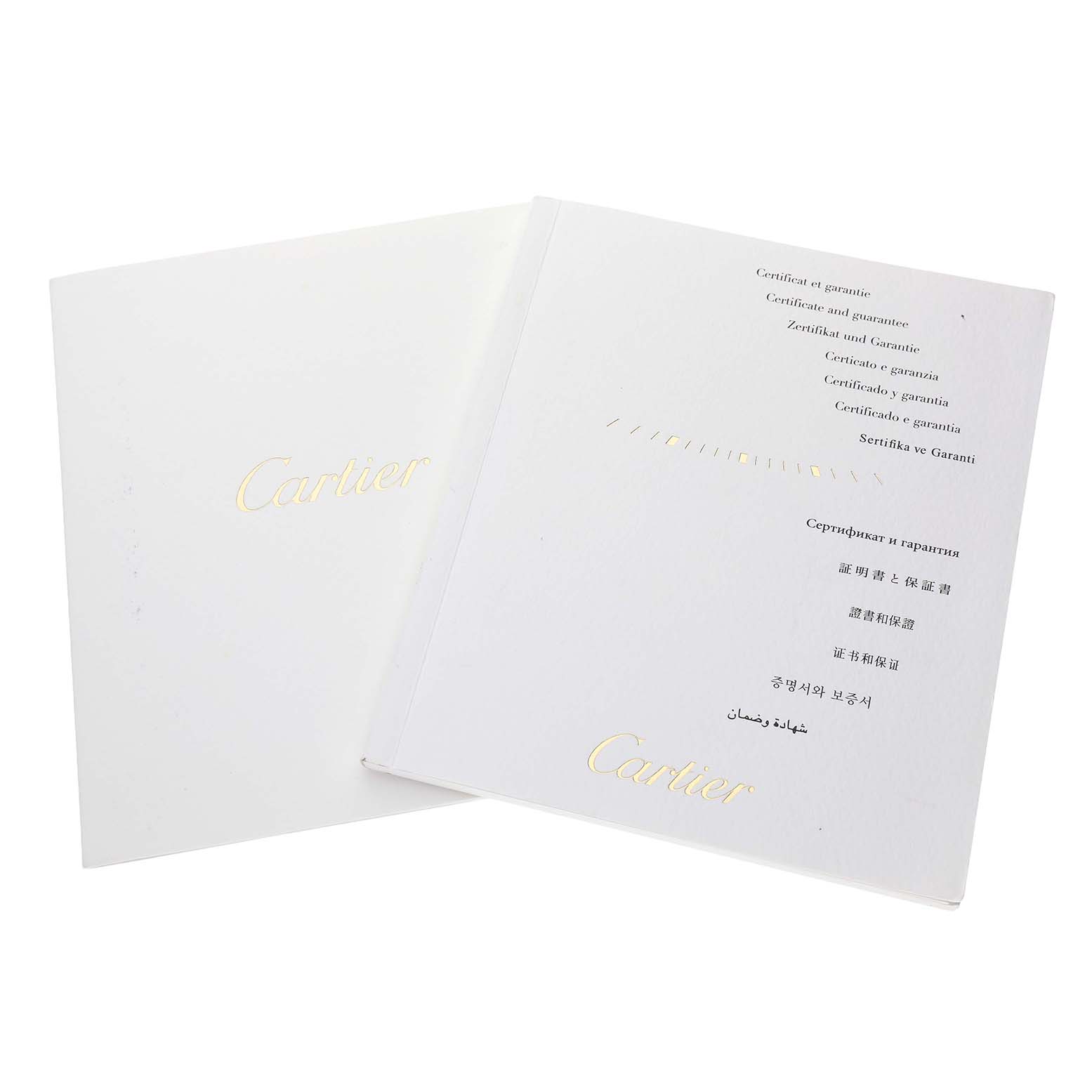The image shows a Cartier warranty booklet and certificate, likely for the Santos Demoiselle model.