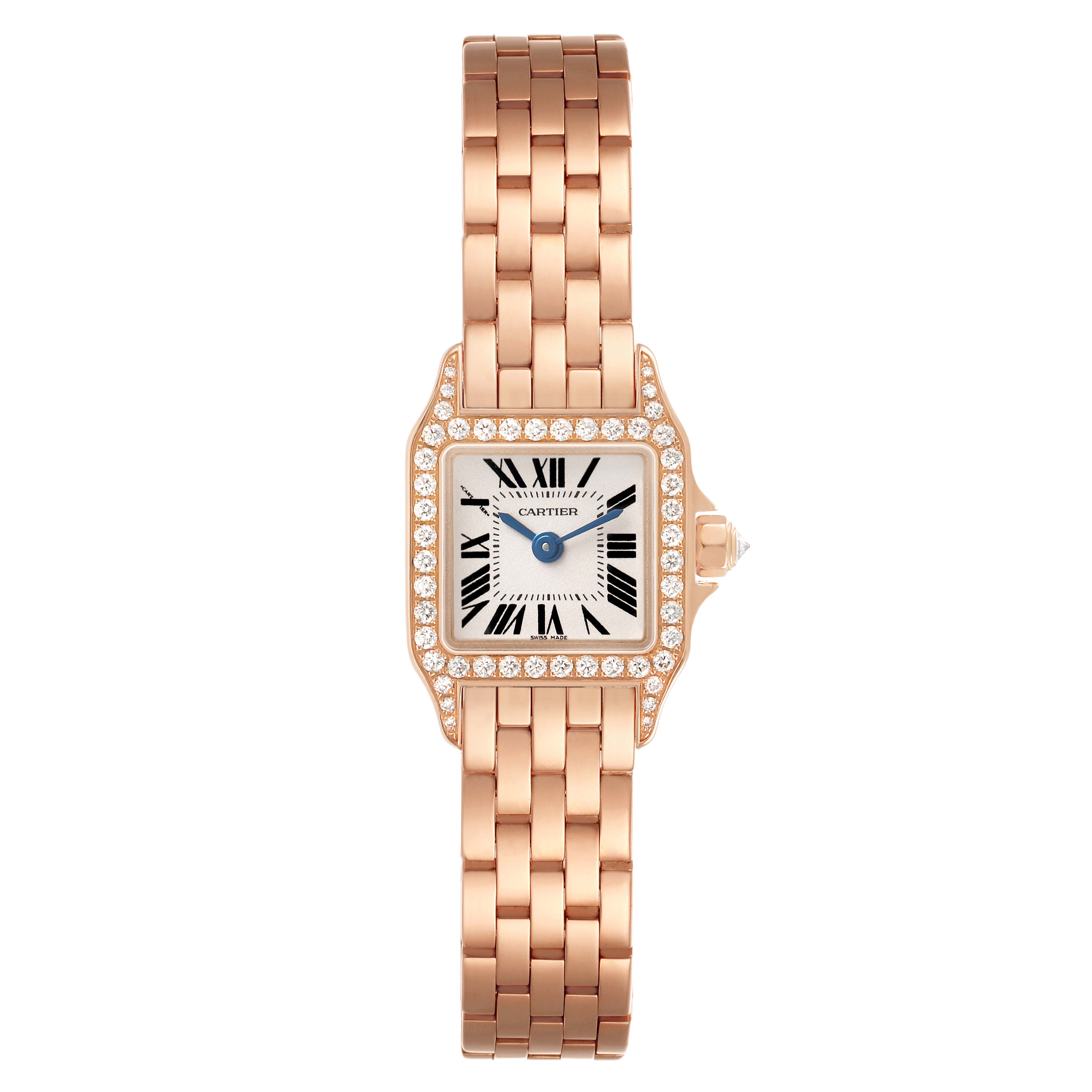 The Cartier Santos Demoiselle WF9011Z8 Women's Rose Gold Silver Dial watch is shown from a front angle, highlighting its square face, diamond bezel, and linked bracelet.