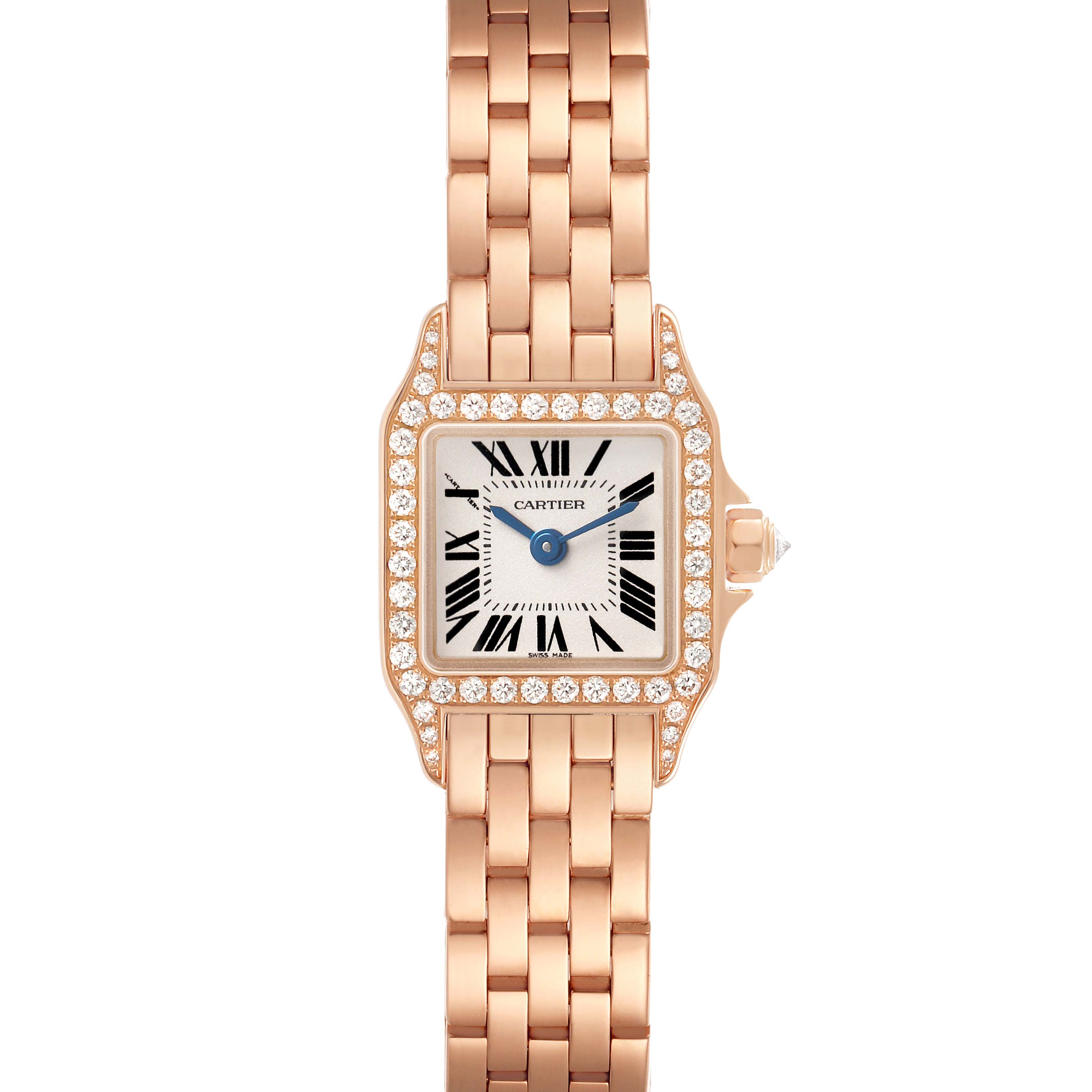 The Cartier Santos Demoiselle WF9011Z8 Women's Rose Gold Silver Dial watch is shown from the front, highlighting its square face, diamond bezel, and linked bracelet.
