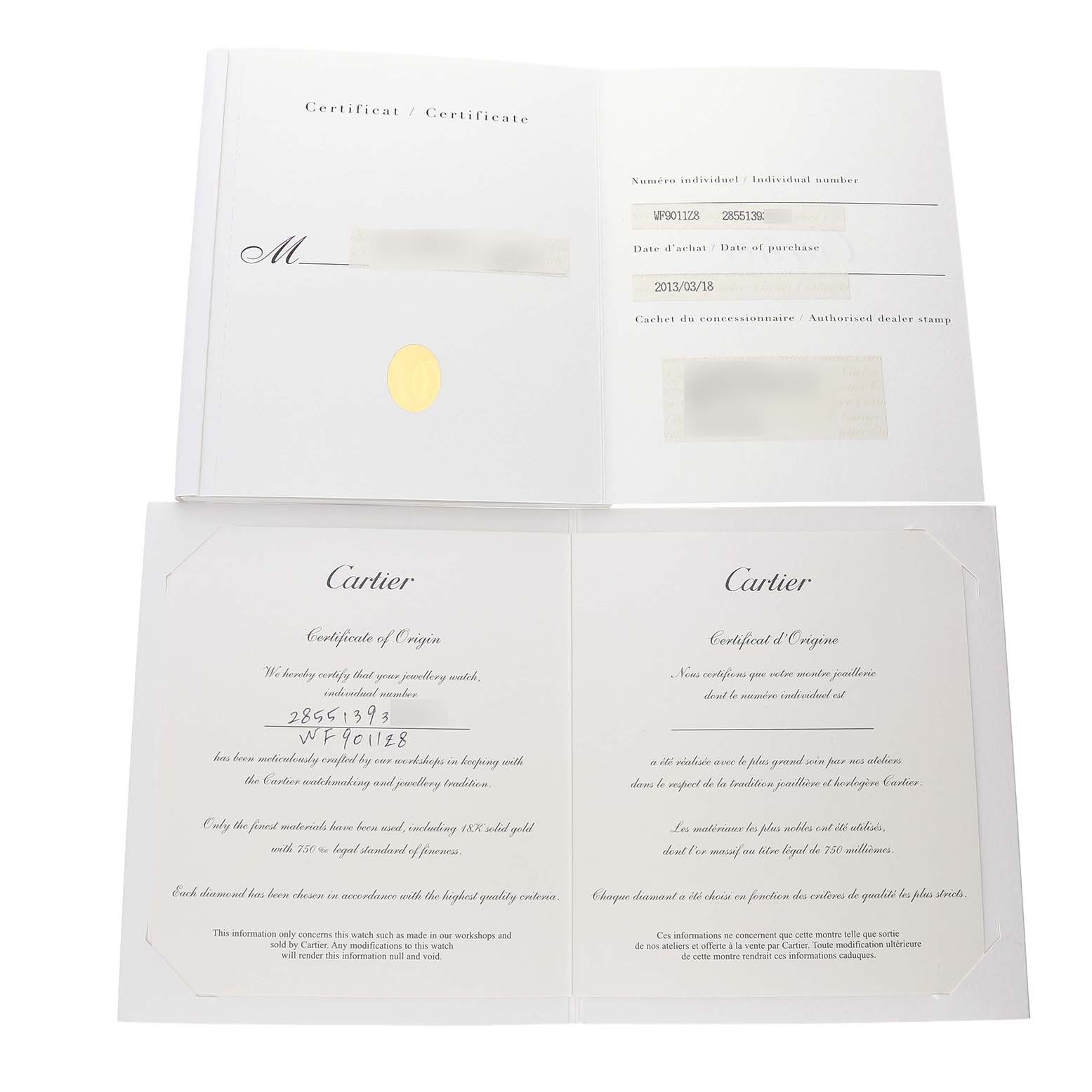 The image shows the certification documents for the Cartier Santos Demoiselle WF9011Z8 Women's Rose Gold Silver Dial watch, including a certificate of origin and details.