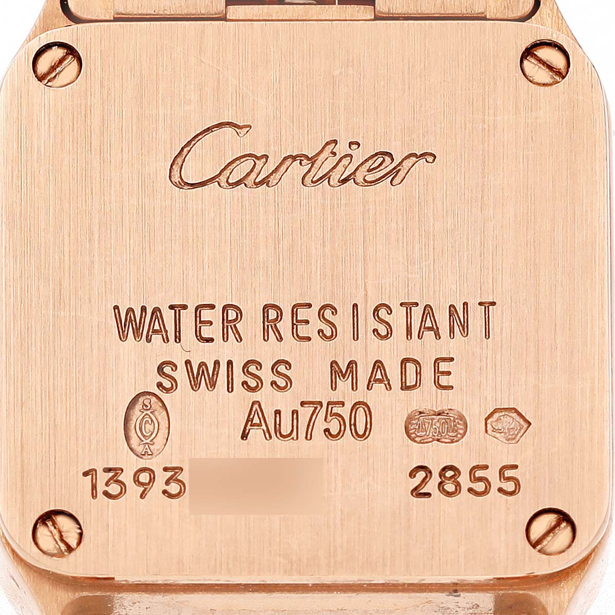 The image shows the back of a Cartier Santos Demoiselle WF9011Z8 Women's Rose Gold Silver Dial watch, highlighting inscriptions and screw details.
