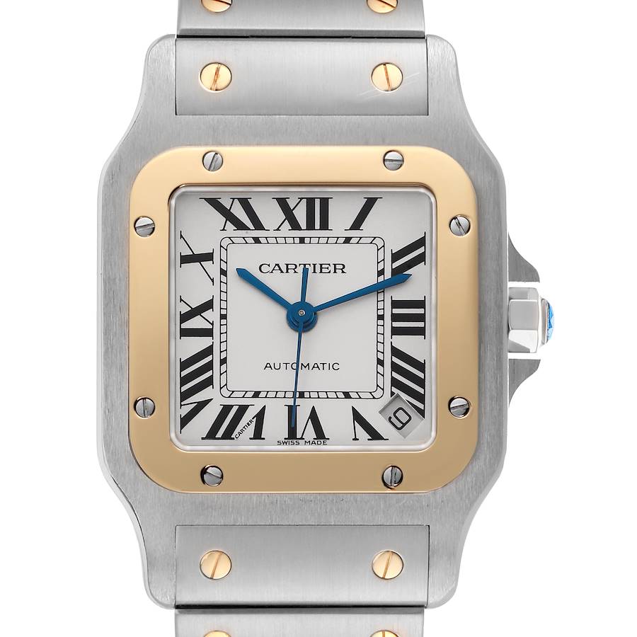 The Cartier Santos W20099C4 Men's Steel and Gold (two tone) Silver Dial W20099C4 Men's Steel and Gold (two tone) Silver Dial watch is shown from the front, displaying the face, bezel, and part of the bracelet.