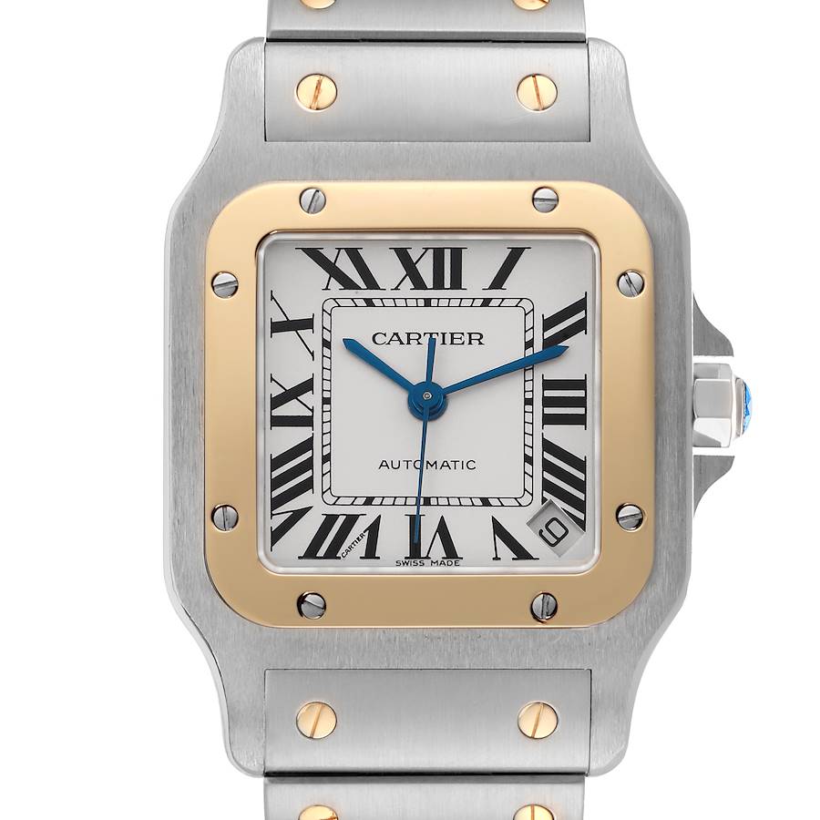The image shows a close-up of the Cartier Santos watch face, bezel, and part of the bracelet at a straight-on angle.