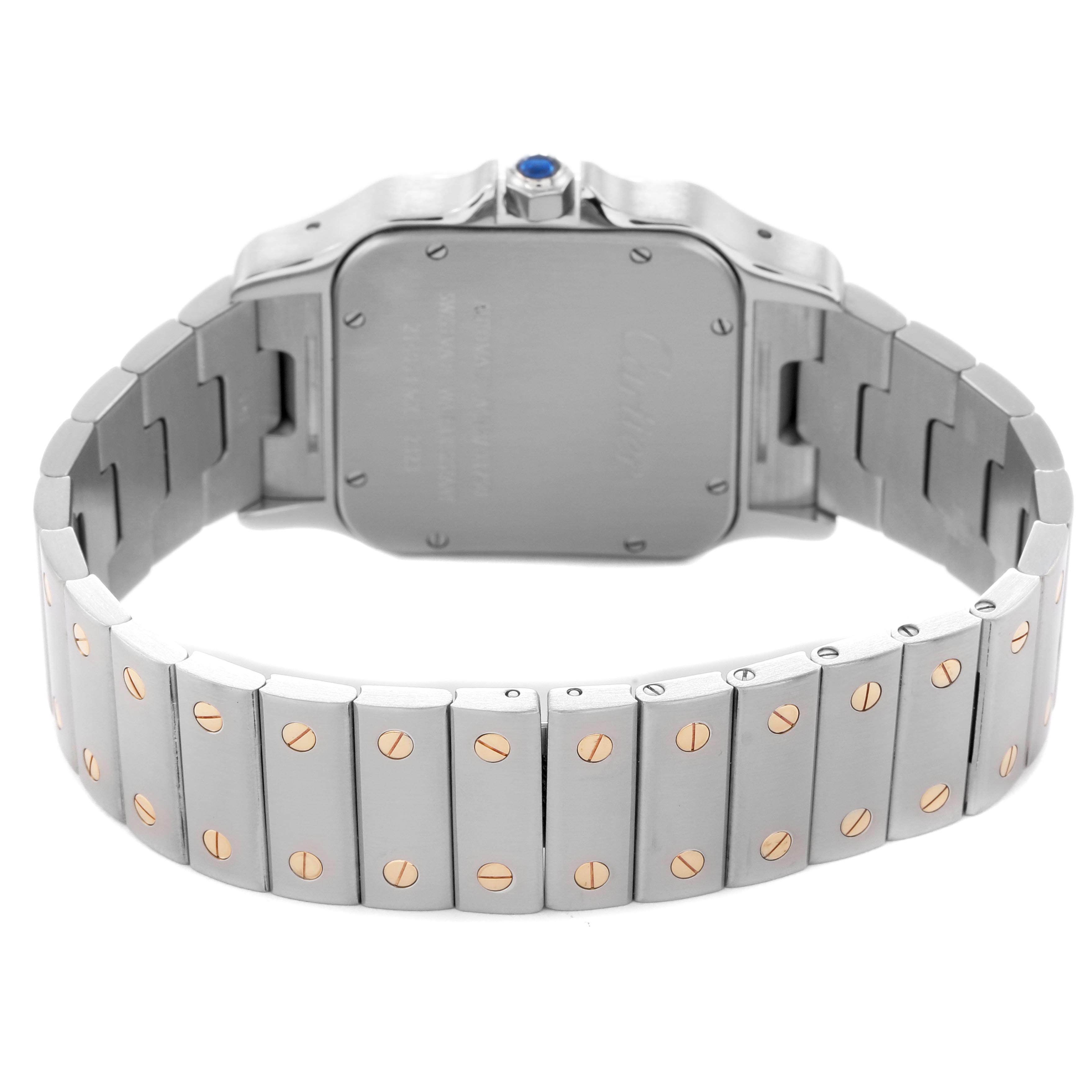 The image shows the back and bracelet of a Cartier Santos W20099C4 Men
s Steel and Gold (two tone) Silver Dial W20099C4 Men
s Steel and Gold (two tone) Silver Dial watch, highlighting its metal bracelet and case back.
