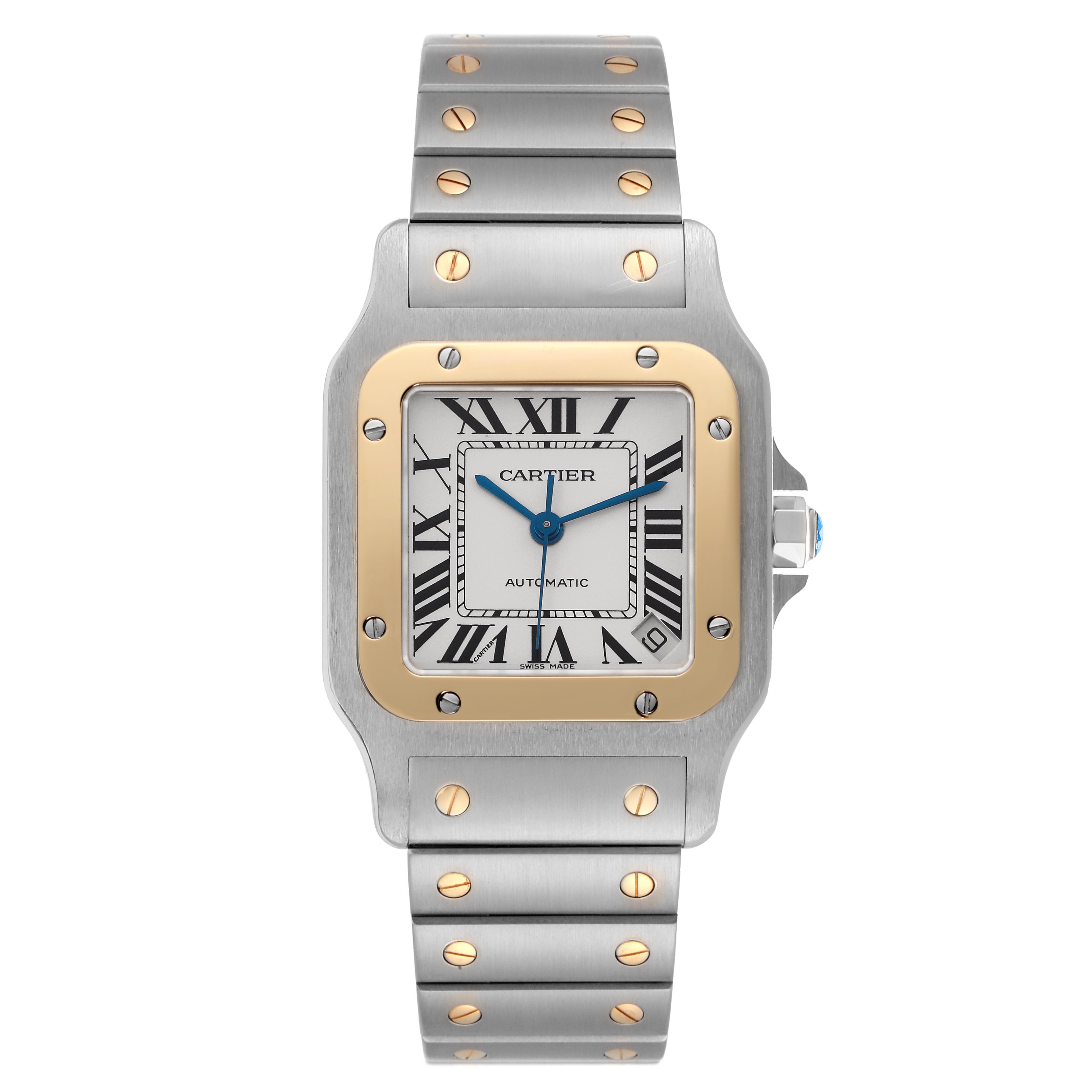The Cartier Santos W20099C4 Men
s Steel and Gold (two tone) Silver Dial W20099C4 Men
s Steel and Gold (two tone) Silver Dial watch is shown from the front, highlighting its square face, gold bezel, and metal bracelet with screw details.