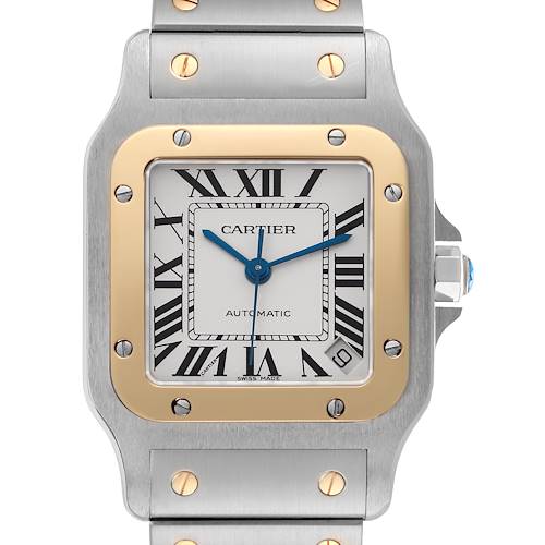 The image shows a front view of the Cartier Santos watch, featuring its dial, bezel, and part of the bracelet.