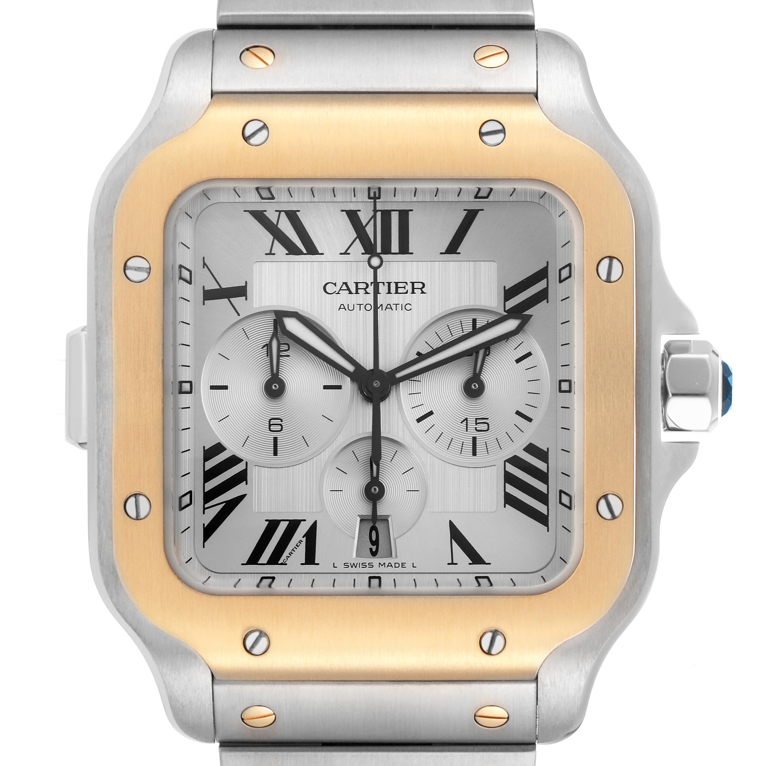 The image shows a front view of the Cartier Santos W2SA0008 Men
s Steel and Gold (two tone) Silver Dial W2SA0008 Men
s Steel and Gold (two tone) Silver Dial watch, highlighting its face, bezel, and part of the bracelet.