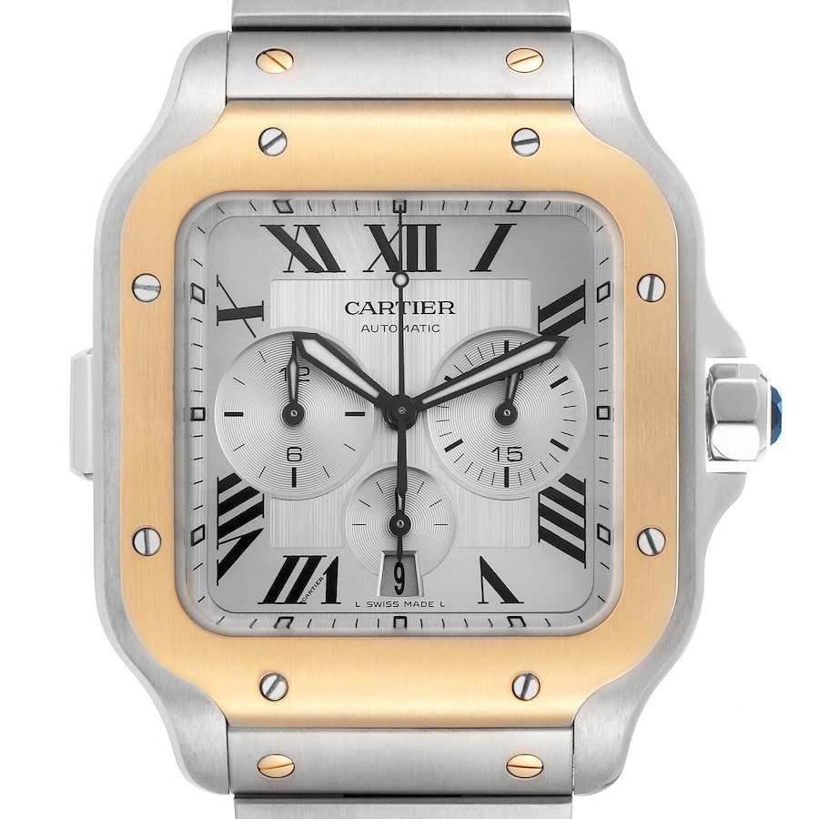 The image shows a front view of the Cartier Santos watch, highlighting its face, bezel, and part of the bracelet.
