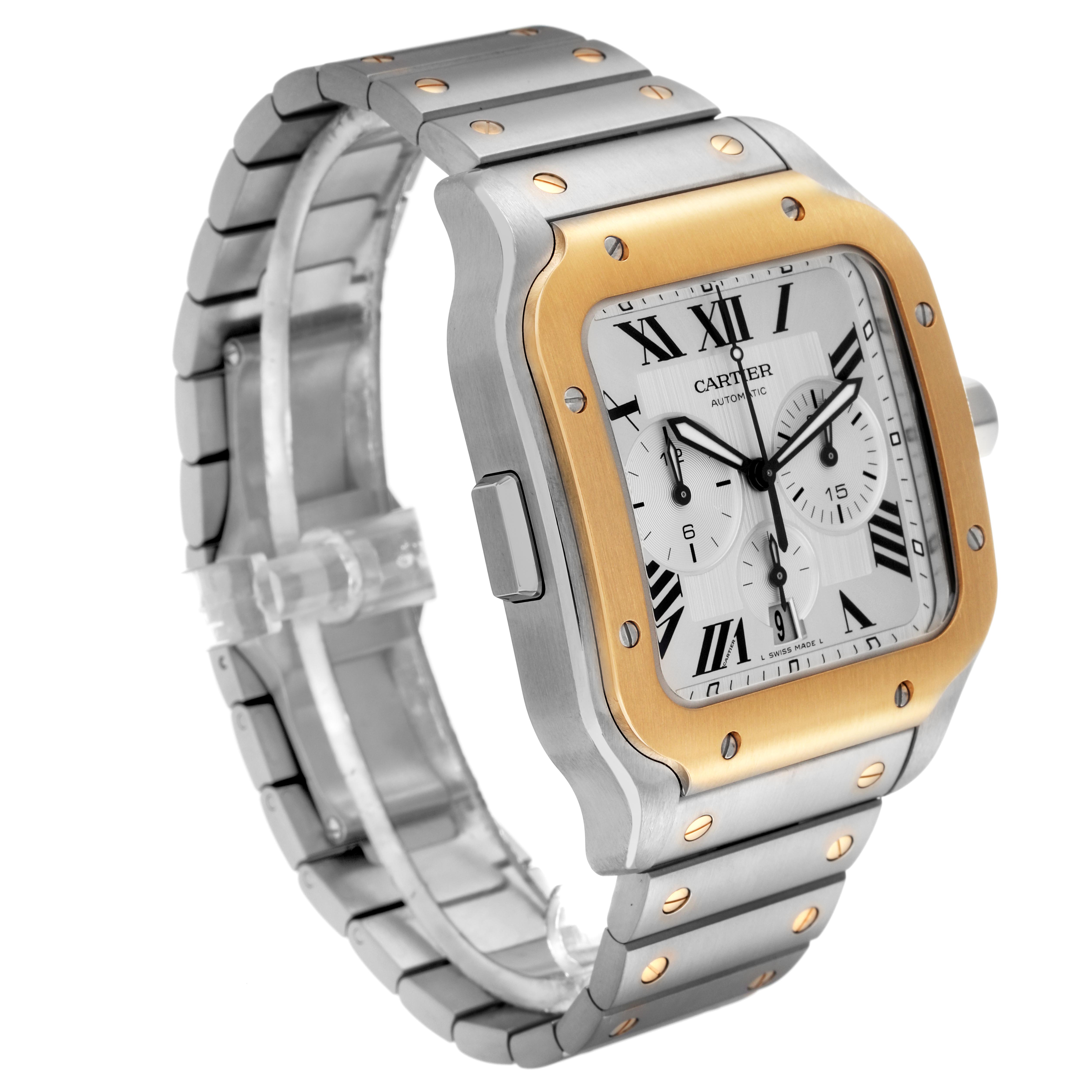 The Cartier Santos W2SA0008 Men
s Steel and Gold (two tone) Silver Dial W2SA0008 Men
s Steel and Gold (two tone) Silver Dial watch is shown at a three-quarter angle, displaying the face, bezel, and part of the bracelet.