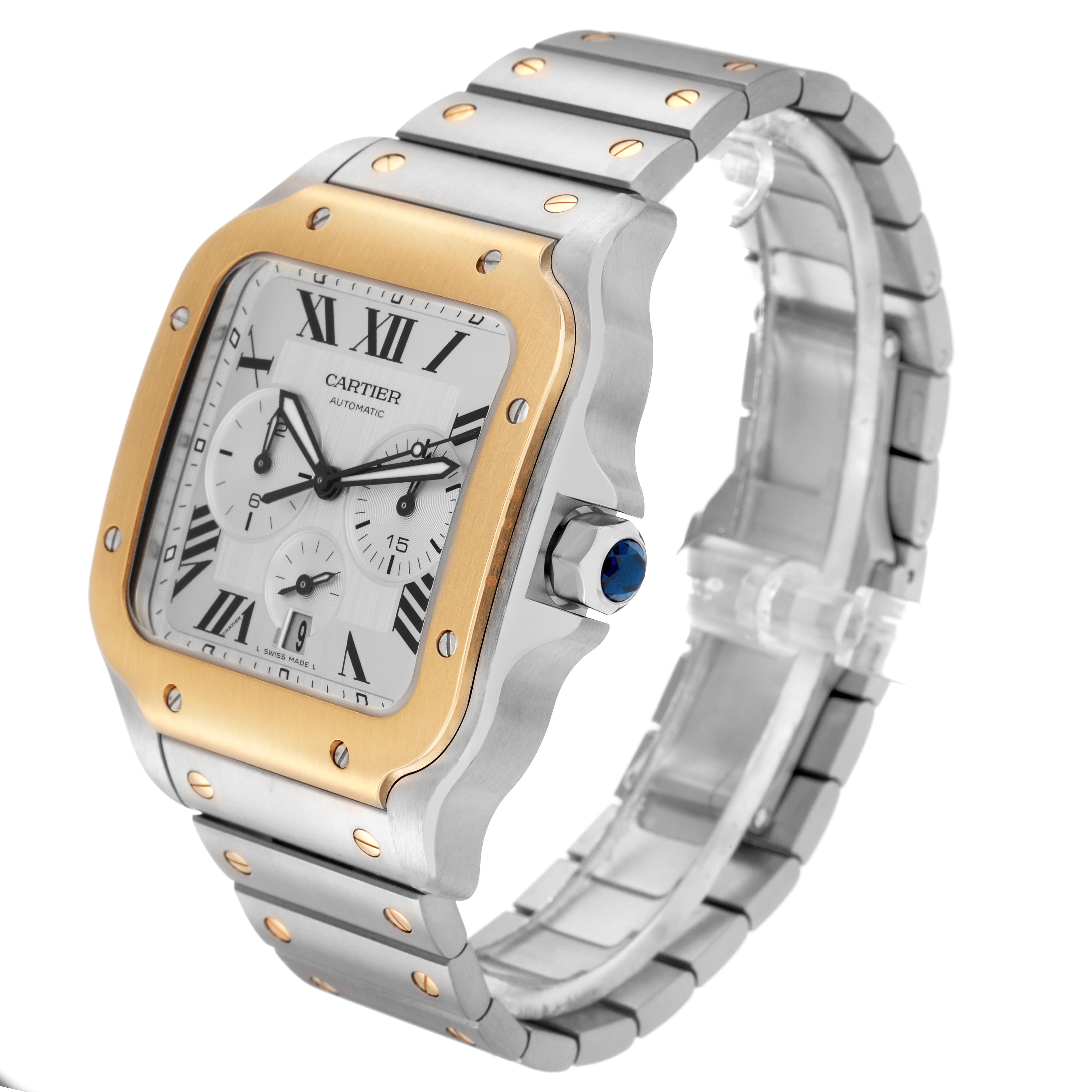 The Cartier Santos W2SA0008 Men
s Steel and Gold (two tone) Silver Dial W2SA0008 Men
s Steel and Gold (two tone) Silver Dial watch is shown at a three-quarter angle, displaying the dial, bezel, crown, and bracelet.