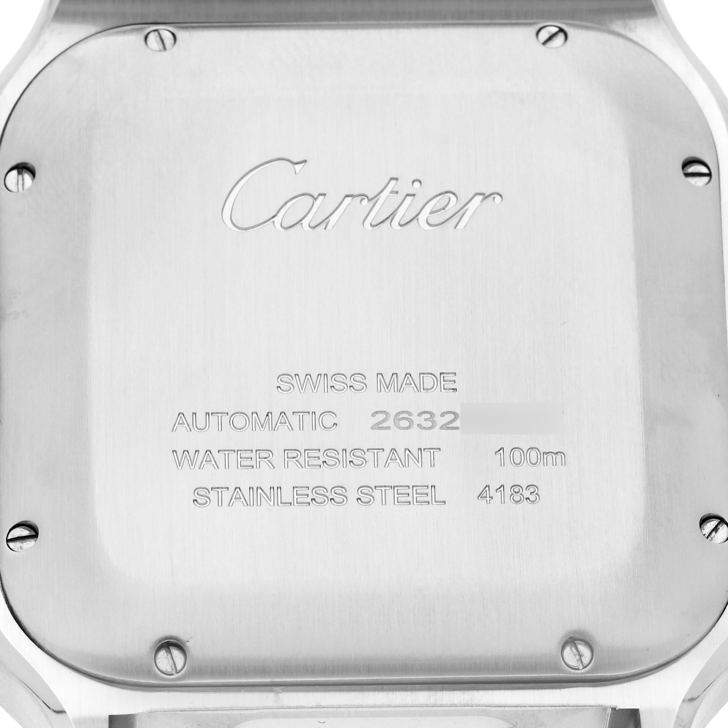 The image shows the back case of a Cartier Santos W2SA0008 Men
s Steel and Gold (two tone) Silver Dial W2SA0008 Men
s Steel and Gold (two tone) Silver Dial watch, highlighting details like brand engraving and specifications.