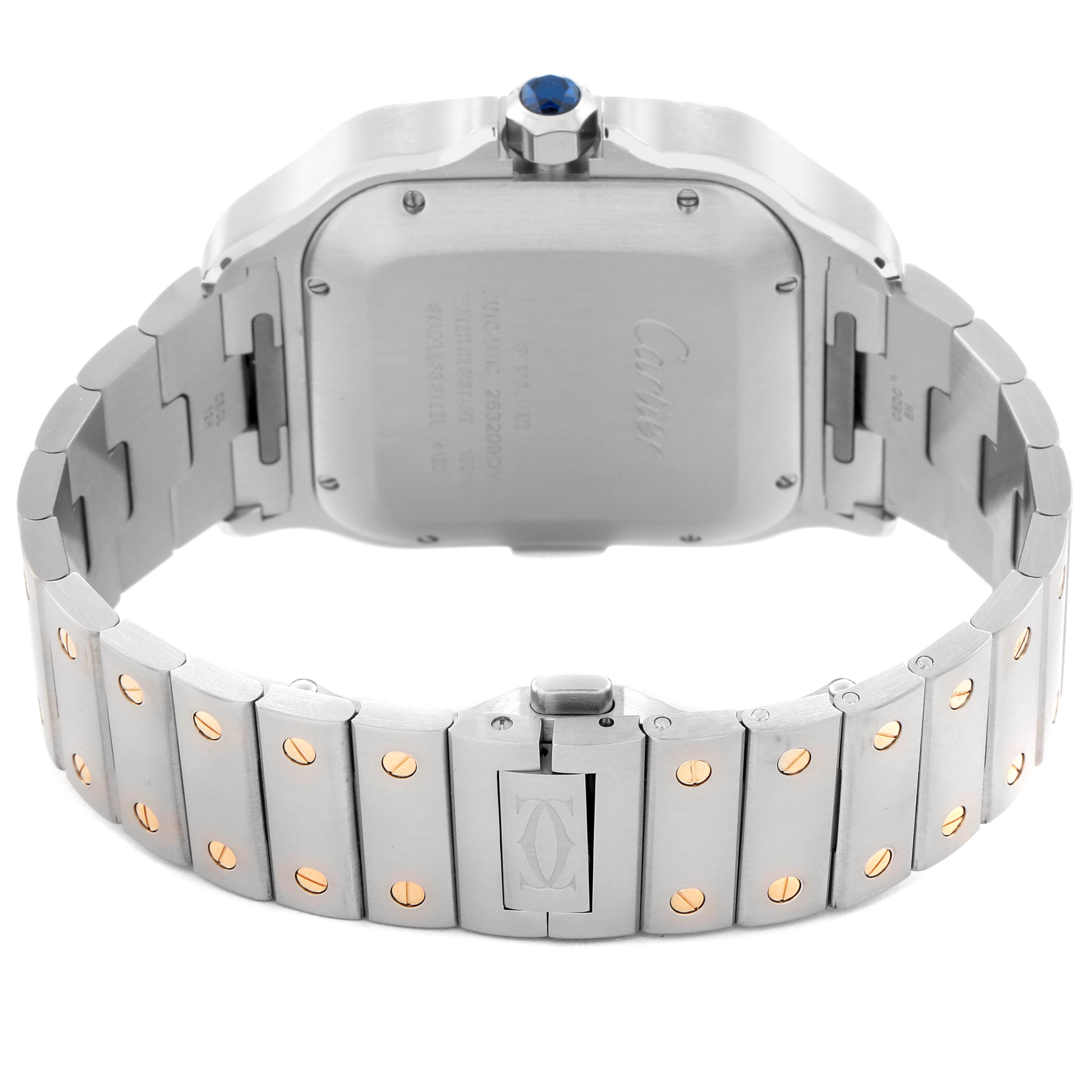 The image shows the back and bracelet of the Cartier Santos W2SA0008 Men
s Steel and Gold (two tone) Silver Dial W2SA0008 Men
s Steel and Gold (two tone) Silver Dial watch, highlighting the case back, crown, and clasp.