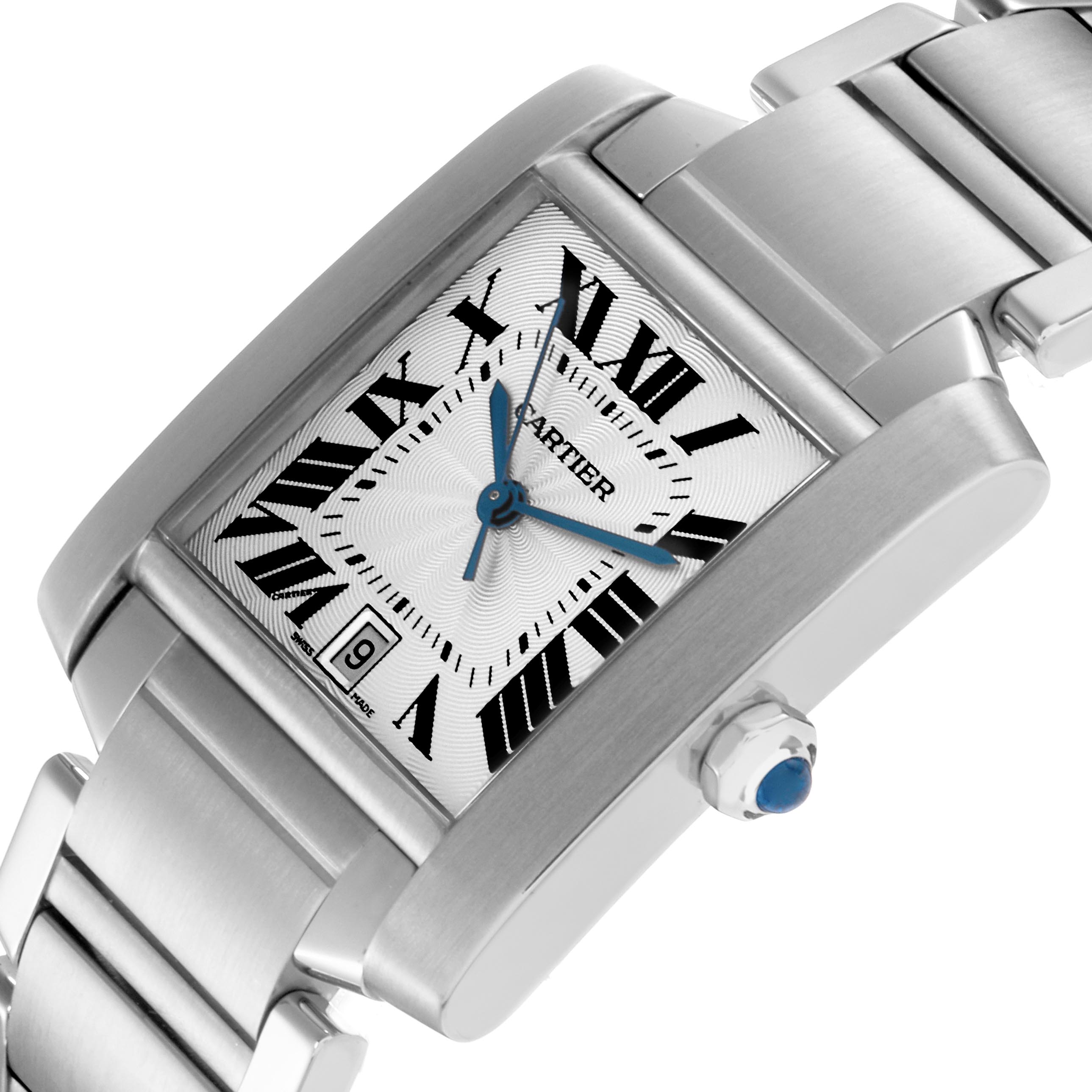 The Cartier Tank Française watch is shown at an angle, displaying the face, Roman numerals, hands, date window, and crown.