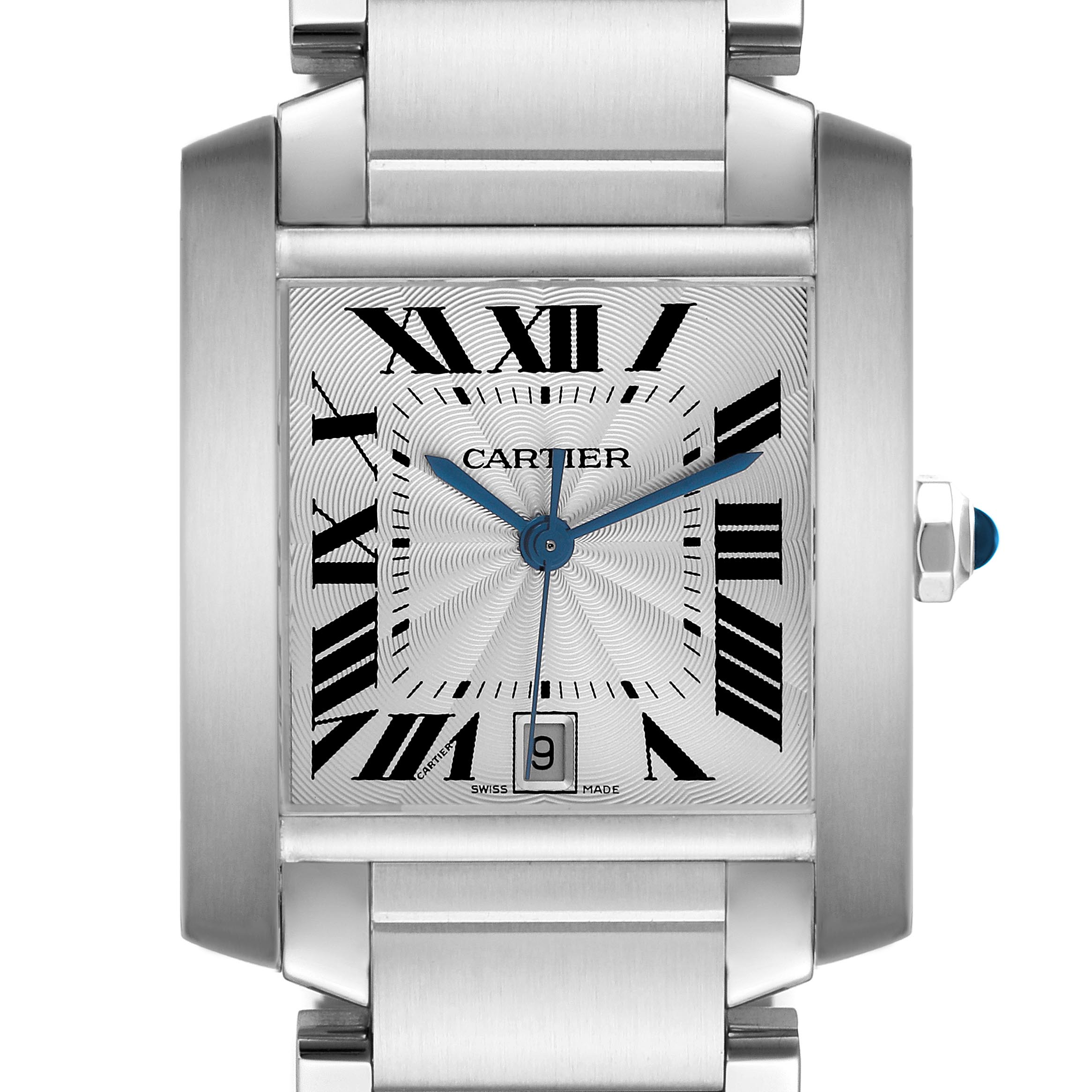 The image shows a frontal view of the Cartier Tank Française watch, displaying the face, hands, crown, and part of the bracelet.