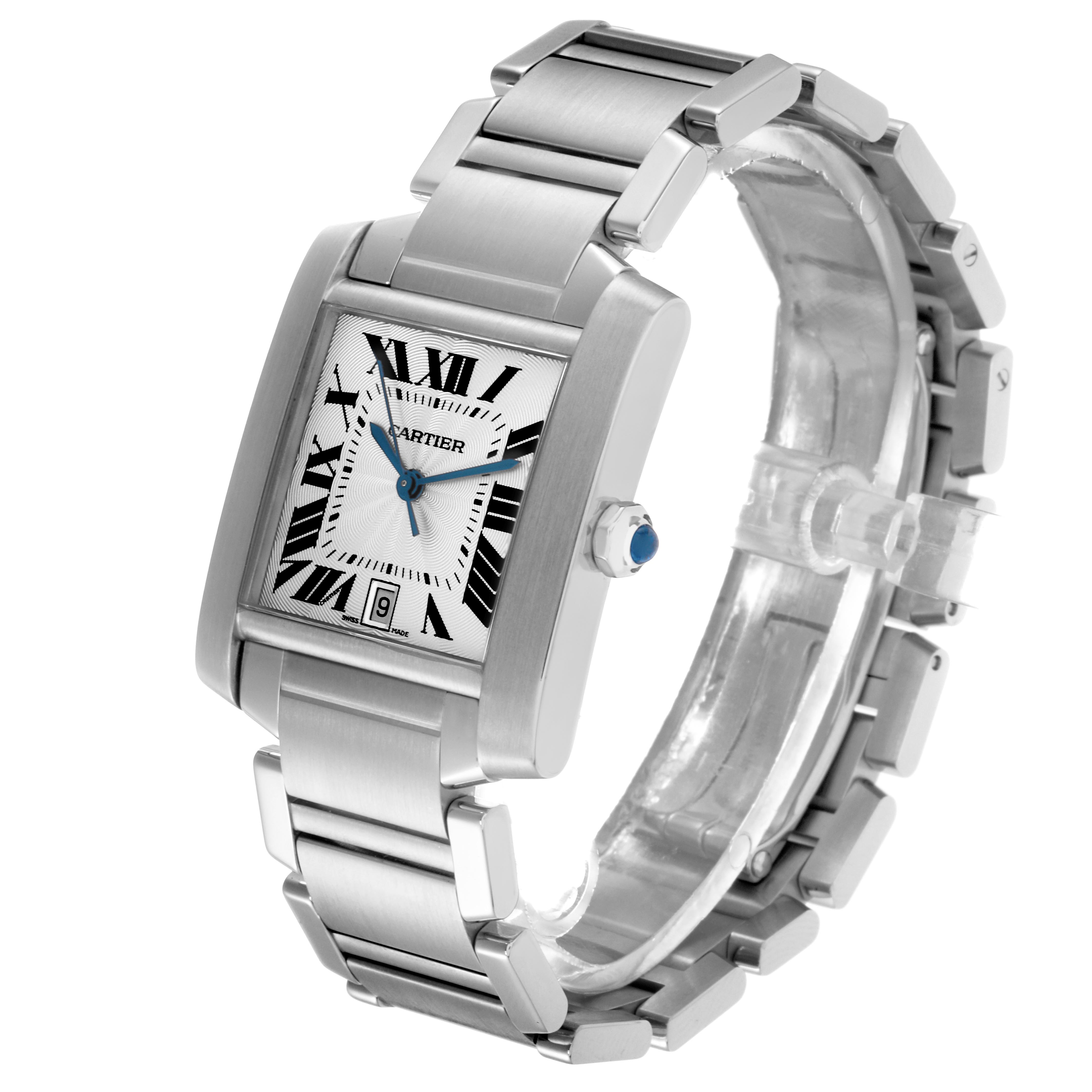 The Cartier Tank Francaise W51002Q3 Men
s Stainless Steel Silver Dial W51002Q3 Men
s Stainless Steel Silver Dial watch is shown at a front angle, displaying the face, crown, and stainless steel bracelet clearly.