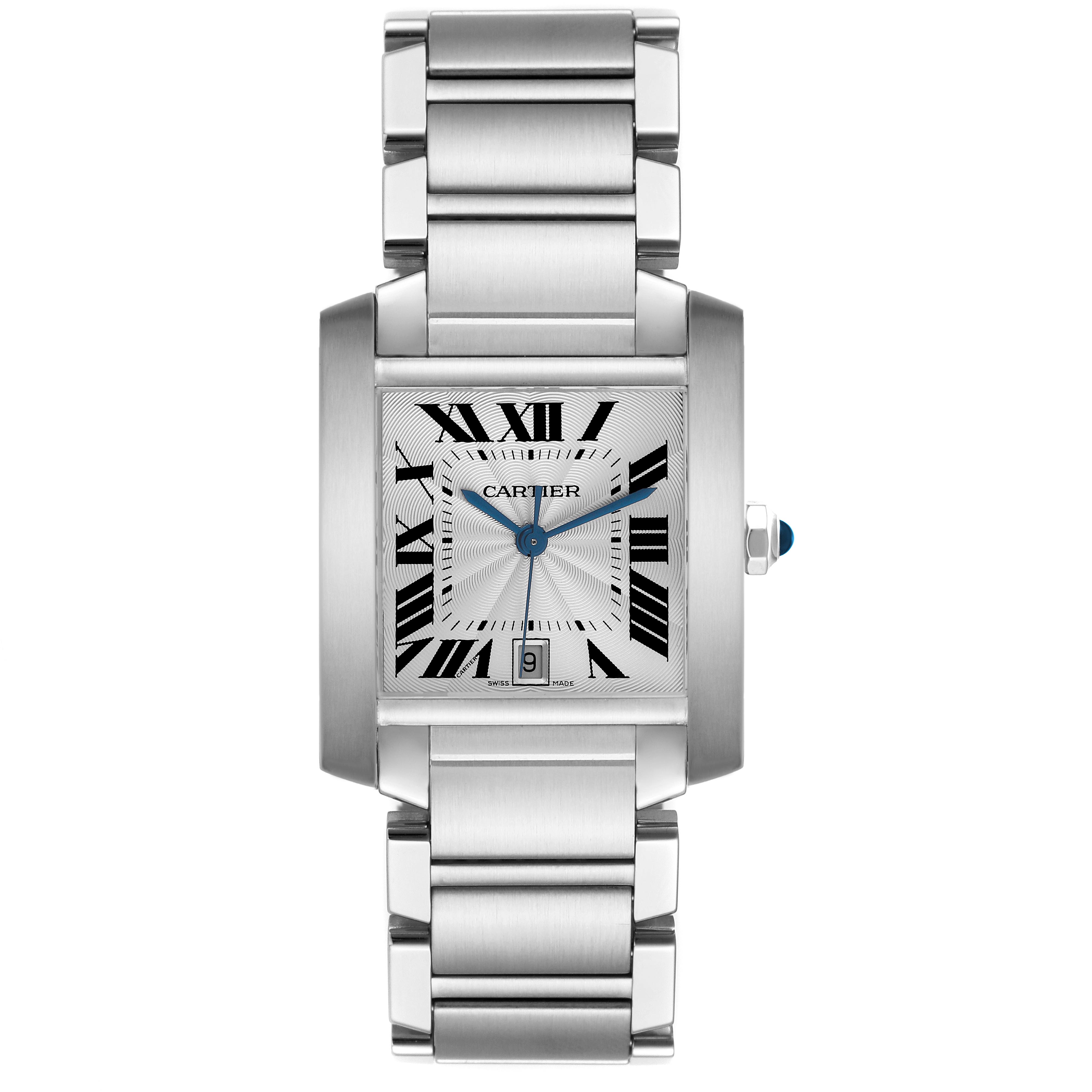 The Cartier Tank Française watch is shown from a top-down angle, highlighting the face, bracelet, and crown.