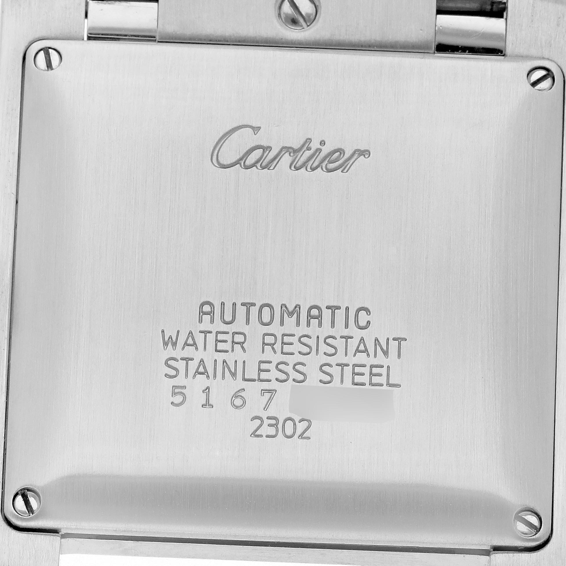 The image shows the case back of a Cartier Tank Française watch, displaying the brand and model details.