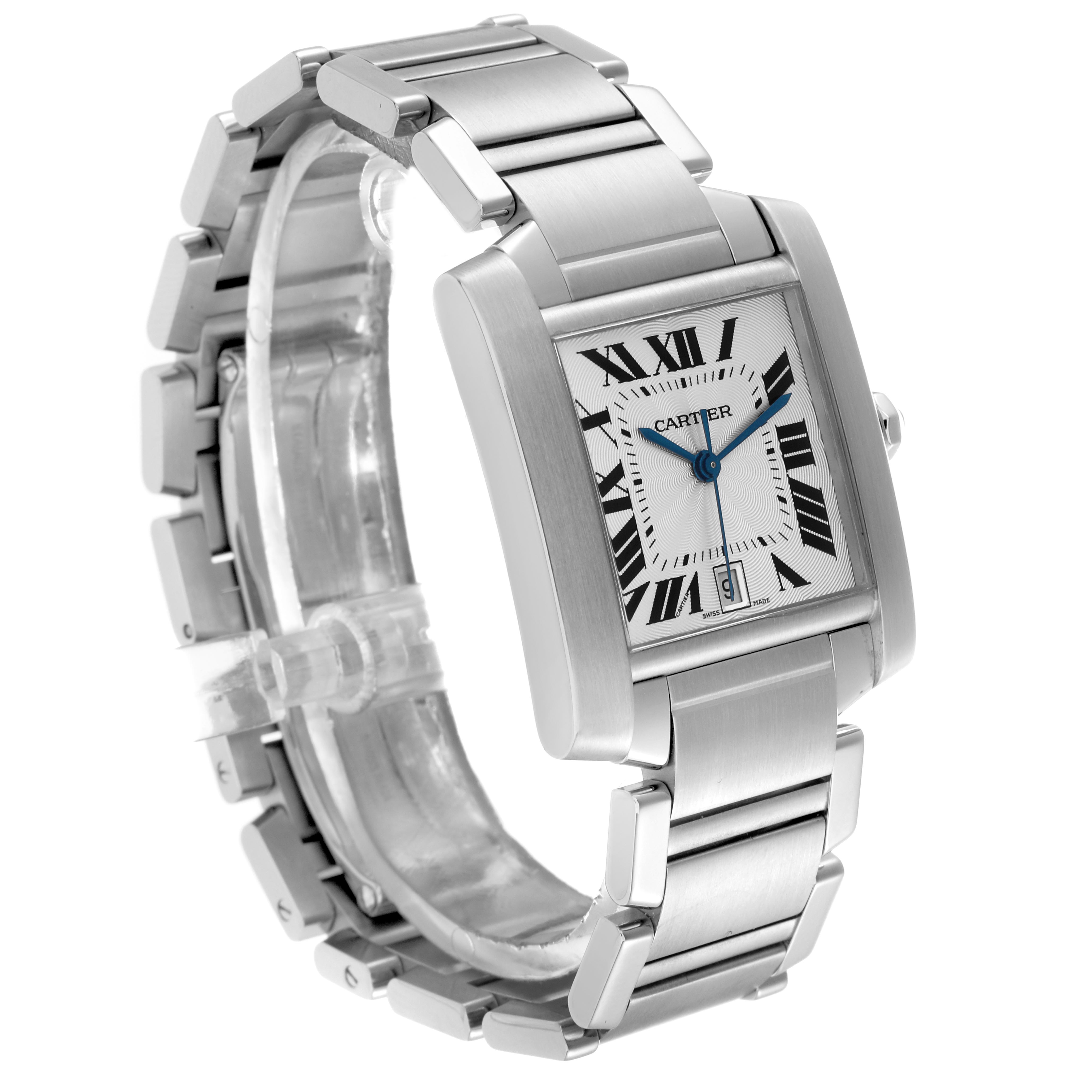 The Cartier Tank Française watch is shown at an angle displaying the face, case, and metal bracelet.