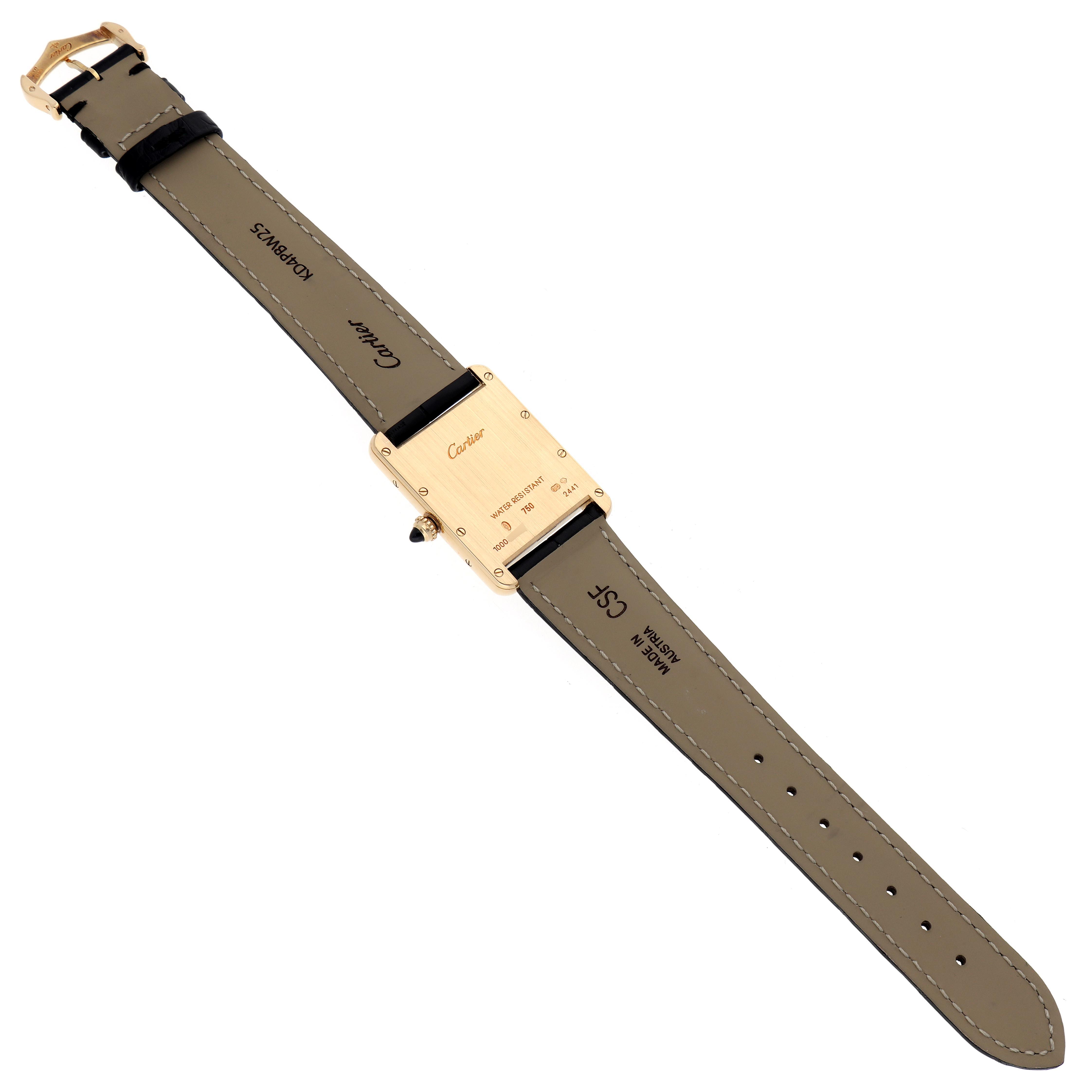 The image shows the back of a Cartier Tank Louis W1529756 Men
s Yellow Gold Silver Dial W1529756 Men
s Yellow Gold Silver Dial watch, highlighting the case, strap, and clasp.