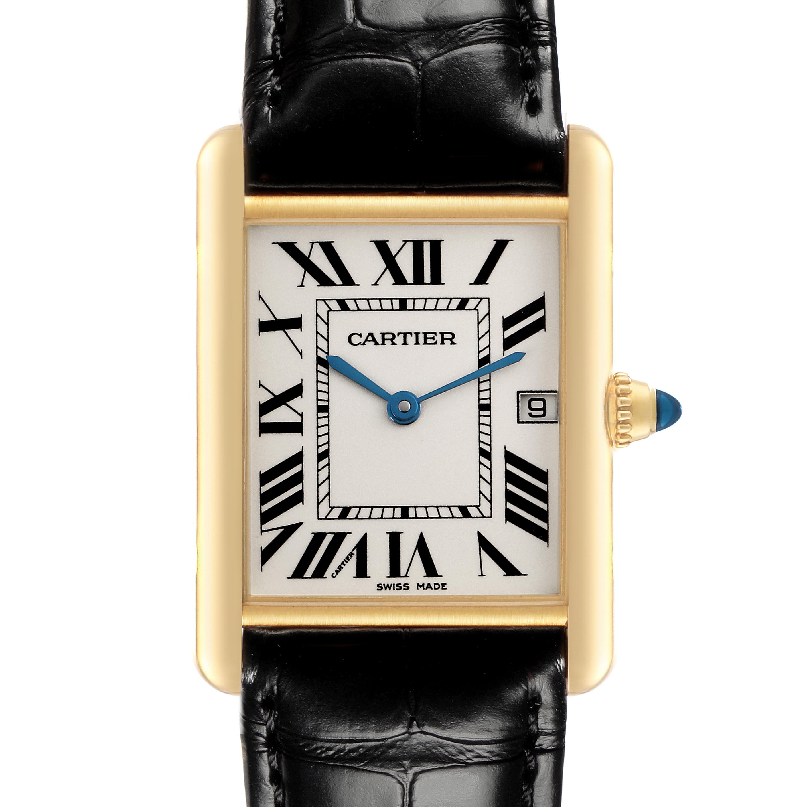 The Cartier Tank Louis W1529756 Men
s Yellow Gold Silver Dial W1529756 Men
s Yellow Gold Silver Dial watch is shown from a top view, highlighting its rectangular gold case, Roman numerals, and leather strap.