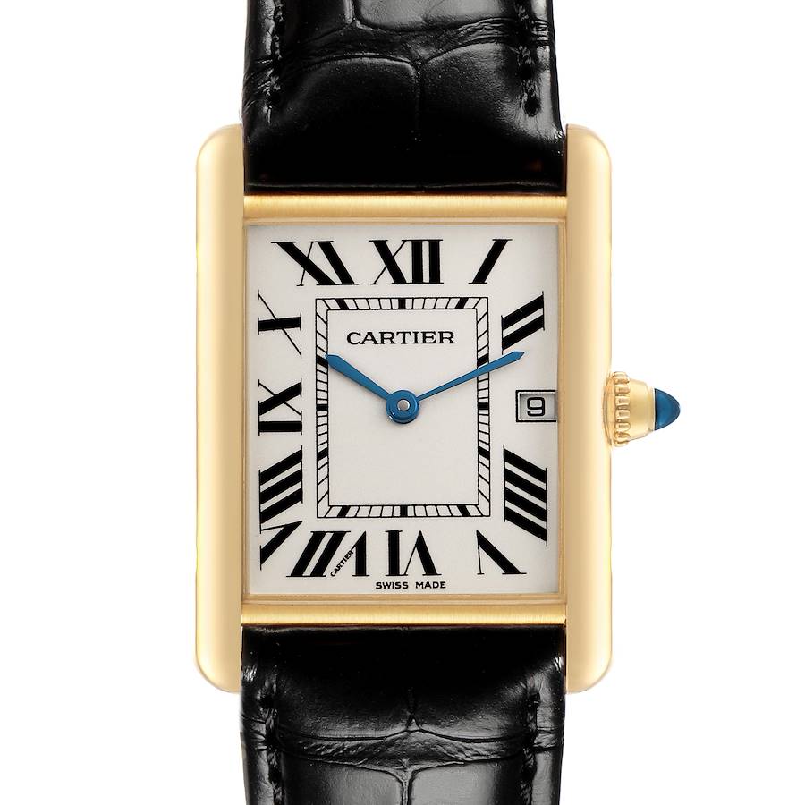 The Cartier Tank Louis watch is shown from a top view, highlighting its rectangular gold case, Roman numerals, and leather strap.