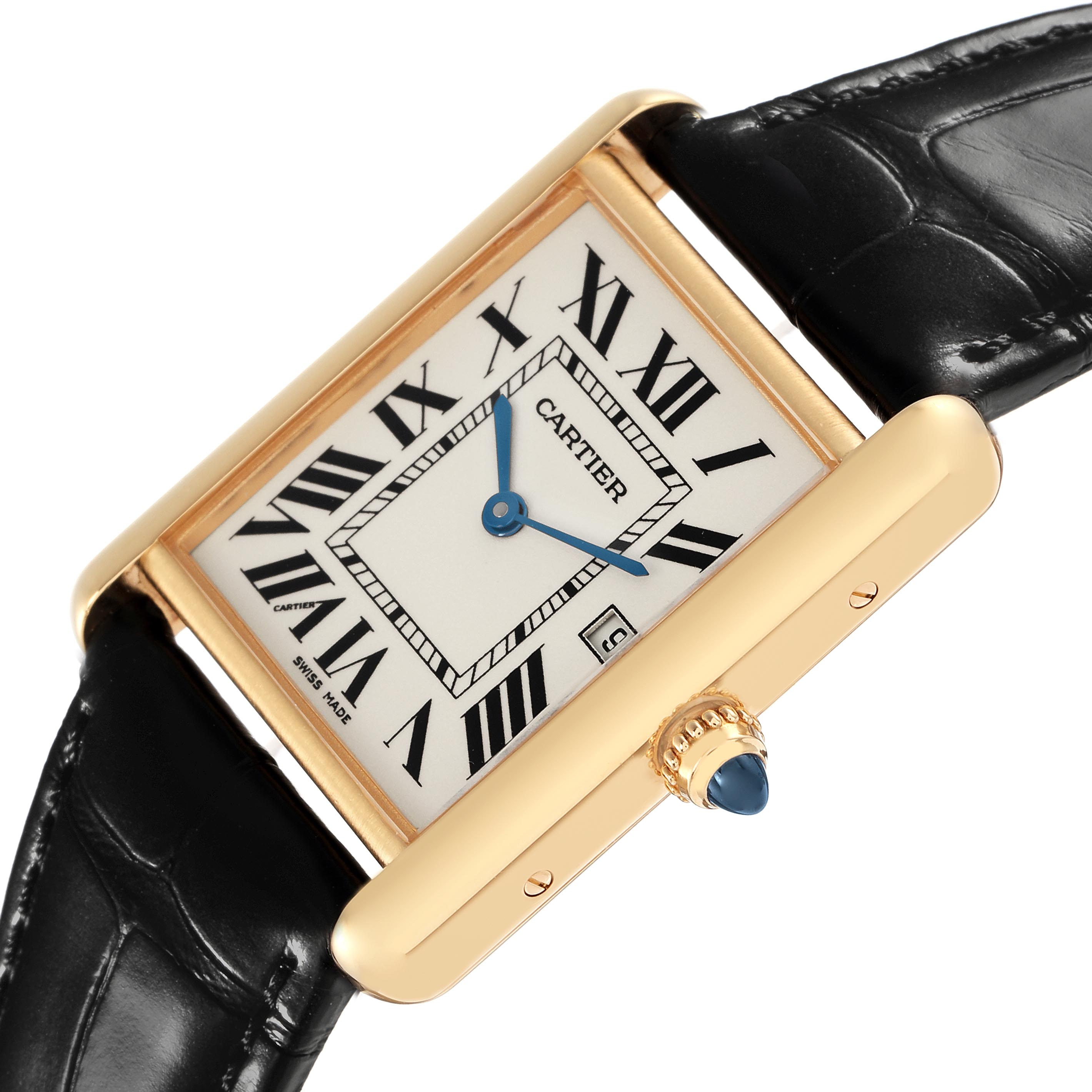 The Cartier Tank Louis W1529756 Men
s Yellow Gold Silver Dial W1529756 Men
s Yellow Gold Silver Dial watch is shown at an angle highlighting its face, Roman numerals, black strap, and crown detail.