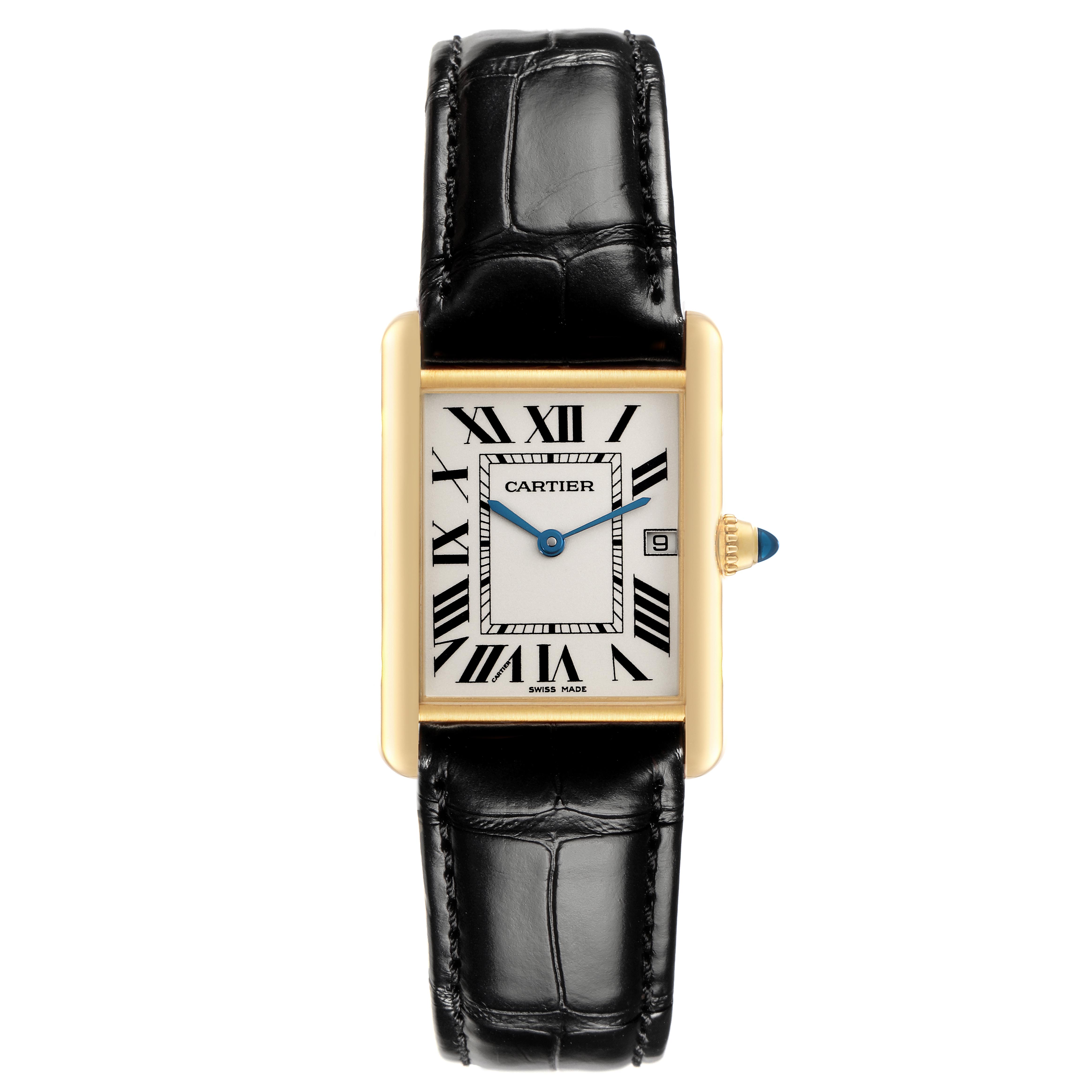 The image shows a frontal view of the Cartier Tank Louis W1529756 Men
s Yellow Gold Silver Dial W1529756 Men
s Yellow Gold Silver Dial watch, displaying its rectangular face, black leather strap, and gold casing.