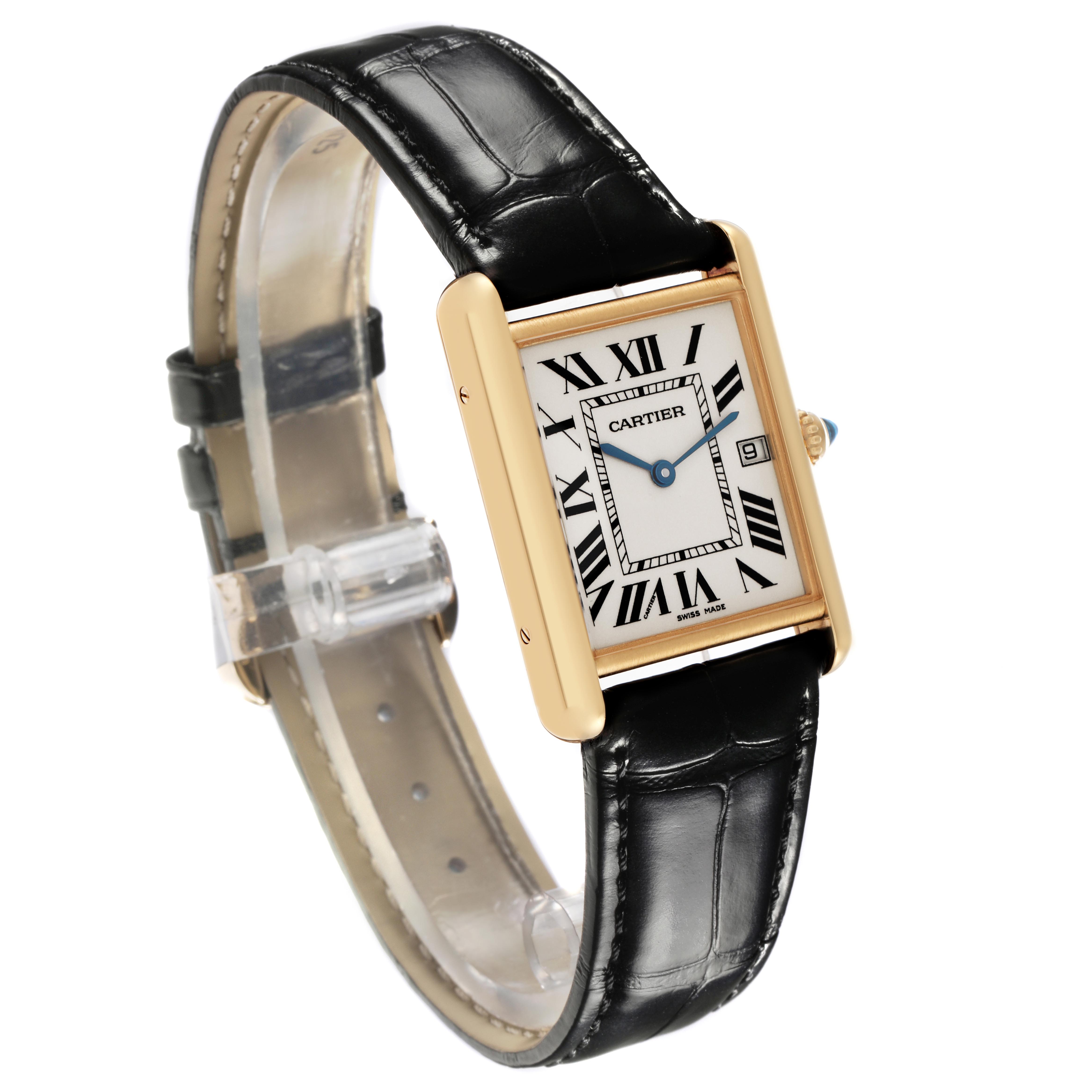 The Cartier Tank Louis W1529756 Men
s Yellow Gold Silver Dial W1529756 Men
s Yellow Gold Silver Dial watch is shown at an angled side view, highlighting its rectangular face and leather strap.